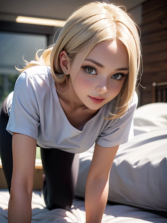 (best quality, 8k, highres, photorealistic:2.0), (solo, one girl:2.0),(lighting: front),(lighting: strong),(ultimate beautiful girl:2.0),(shiny skin:1.5),(oily skin:1.5),(platinum blonde hair:1.5),Blush brown makeup , dark eye makeup , use pink glossy lipstick,(big eyes girl:1.5),(girl amazing sex appeal:1.5),(woman crawling on all fours:1.5),(Woman crawling on all fours on a clean bed:1.5),(A woman smiling at the viewer),(Wearing a t-shirt and tight leggings:1.5)