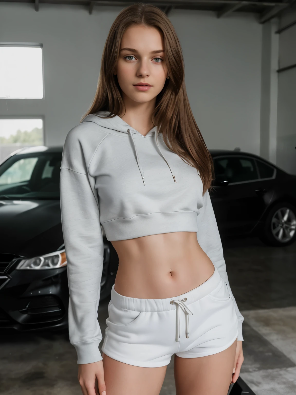 young woman, 16 Jahre alt, straight hairs, beautiful, 16 years old. detailed hair, full c cup breasts, c-cup, slender body, Full body, detailed skin texture, (extremely detailed 8k wallpaper), soft lighting, high quality, film grain, Fujifilm XT3 sharp focus, f 5.6, 50mm, High Detail, Sharp focus,(natural light), (seductive), in a cropped top standing in a big car garage, wearing a sexy cropped top, wearing a cute top, young and cute girl, wearing a cropped hoodie, wearing crop top hoodie, good young girl, Realistic, ultra realistic,