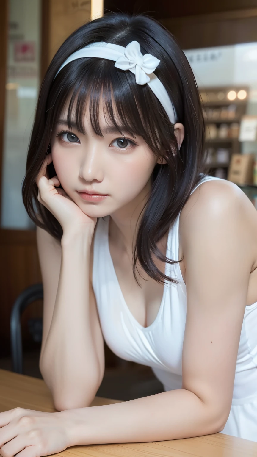 one woman, (a beauty woman, delicate :1.3), black hair, semi straight hair, Bangs Patsun, 8K, highest quality, masterpiece, Super detailed, ultra high resolution, realistic, RAW photo, absolute resolution, small face compared to body (4:1), very small face (4:1), The face is balanced, black hair, (Sleeveless white dress), realistic女子高生, (((white headband))), small breasts, tall, slanted eyes, light blue eyes, (In front of the shop), (White sandals), open your mouth, summer, Pouting while looking back, elbow on the table,