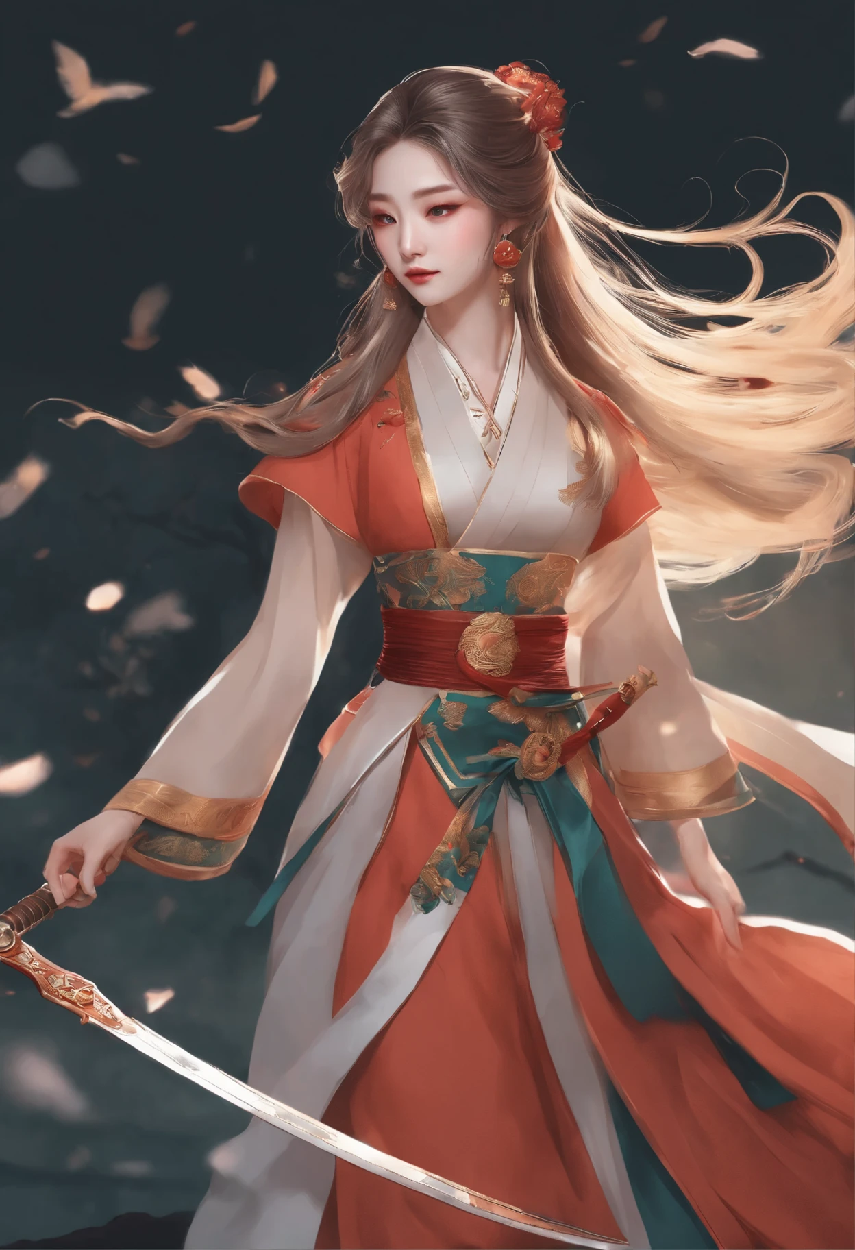 An ancient heroine, in battle, long gown,cheongsam，get shot，Medium sword，pierced，fall down，Die，Defeat Gucci Design::3, Douban, Inspired by Cheng Yanjun’s style, The art of math, meme lofi internet girl, Dezeen's trend, catalog photo, 3d rendering beeple, Larz van Baarle and Louis van Baarle, Cartoon style illustration, bright pastel color, A beautiful artistic illustration, retro anime girl--ar 2:3 --q 2