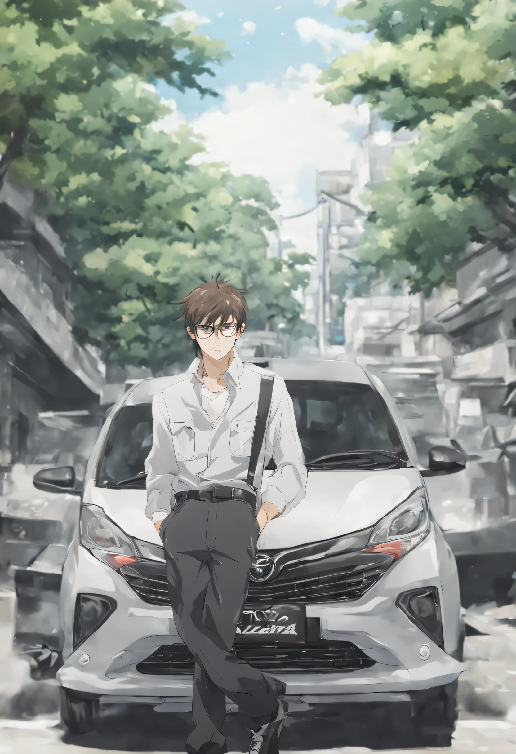 Takumi Fujiwara, Man standing in front of a car, Anime Art Style, initial d, Daihatsu Sigra, 1boy, 1car, White Color, Screenshoot, Toyota Calya