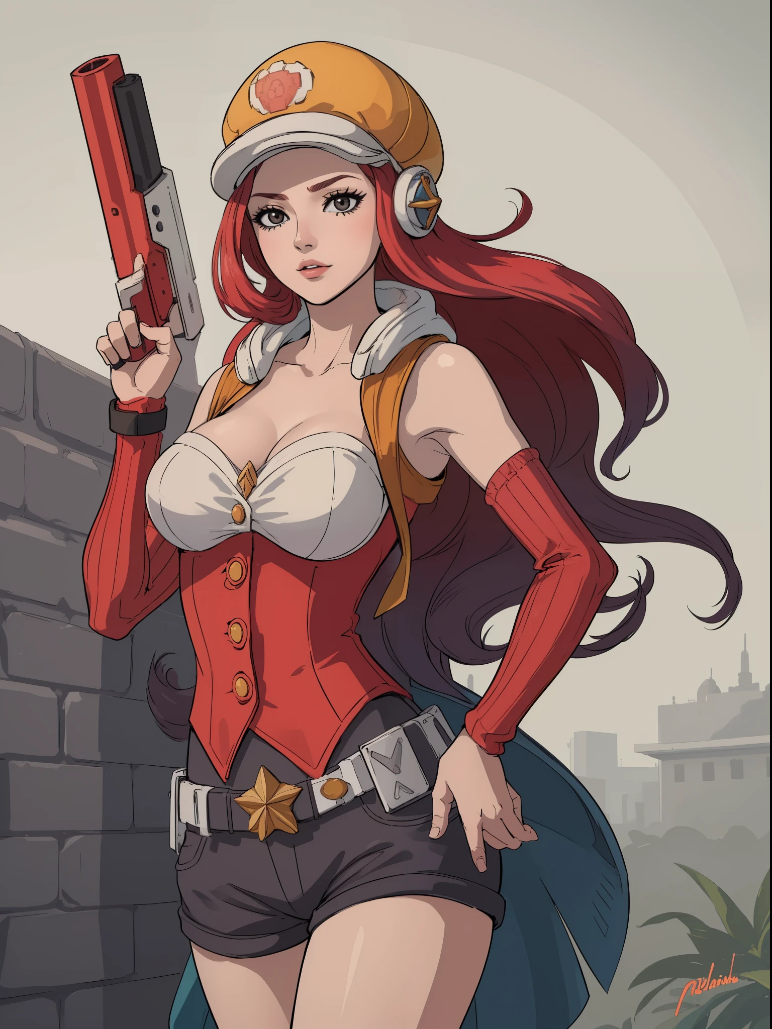 (obra de arte, maximum quality, melhor qualidade, arte oficial, beautiful and aesthetic:1.2), (1 garota:1.4), extremamente detalhado, miss fortune, sexy, corpo todo, pose sexy, quase nu, arcade, holding guns