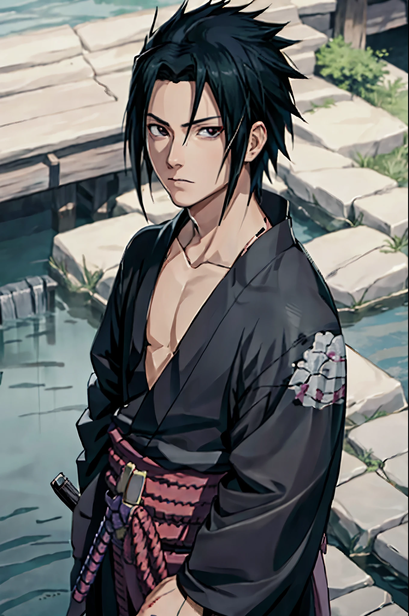 Sasuke uchiha, (Sasuke), beautiful face, masterpiece, best quality, (1 man), 25 years, mature, short hair, elegant nose, pale skin, broad shoulders, korean hair, black hair, korean face, (one of the eyes covered by bangs) black eyes, wearing kimono, ninja clothes, shinobi, feudal japan, from above, depth of field, feudal city, end of day, twilight, dusk, dark theme,  Masashi Kishimoto Traces