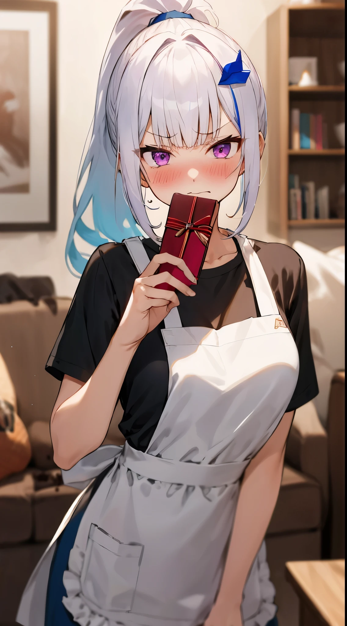 One girl with high ponytail hair, bangs, white hair, blue inner hair:1.25) , purple eyes, looking at viewer, blushing, embarrassed, serious expression, indoor, living room, t shirt, thigh, apron,  holding a gift, chocolate gift, love chocolate, valentine gift, mid-chest, day atmosphere, hair ornament, medium breasts, upper body, focus, blurry background