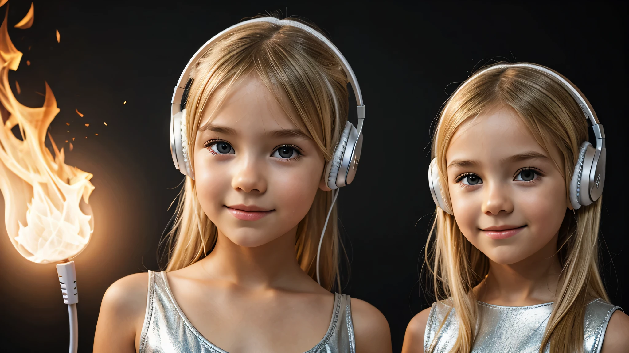 girl blonde kids hEADPHONE, humanoid background icon ON FIRE, silver dress.