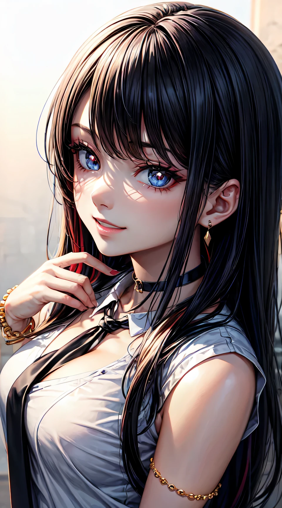 (anime style),masterpiece, best quality, ultra-detailed, glistening shiny, glowing light, ray tracing, HDR, deph of field, (perfect face, detailed face, detailed eyes),(big :1.2),8k,HD,ultra realistic face, ray tracing,perfect lighting,best quality, ultra-detailed, shiny eyes, (looking at viewer,sensual smile kiss:1.1), ((1girl)), (gyaru, mature female:1.4), hourglass_body shape, marin,long hair,((black gradient hair)), multicolored eyes, gradient eyes, (glowing eyes:1.1), (fashion make up), parted lips, short skirt, short shirt, jewelry, earrings, necktie, choker, grin, bracelet, plaid,black choker, plaid pants, piercing, ear piercing, bright pupils,tied shirt, bead bracelet,white background