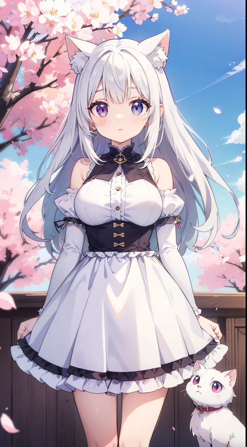 ninym <lora:ninym_ralei:0.9>, masterpiece, best quality, ultra-detailed, glistening shiny, glowing light, ray tracing, HDR, depth of field, (perfect face, detailed face, detailed eyes),(small breasts:1.2),8k,HD,ultra realistic face,ray tracing,perfect lighting, ultra-detailed, shiny eyes,((upper teeth smile)), (looking at viewer), ((1girl)), (mature female:1.4),cowboy shot,((view from below)):1.2,thighs, white hair,((gradient hair)),red eyes, gradient eyes, (glowing eyes:1.1), mascara, (fashion make up), (garden:1.4), cherry blossoms, (sweatdrop:1.2), (sweat:1.4), (complex background, many elements in the background:1.2),((super detailed background)), dynamic poses, ((8k wallpaper)), black thighhighs, thigh straps, white shirt, black bowtie, white gloves, ahoge, purple sleeves,