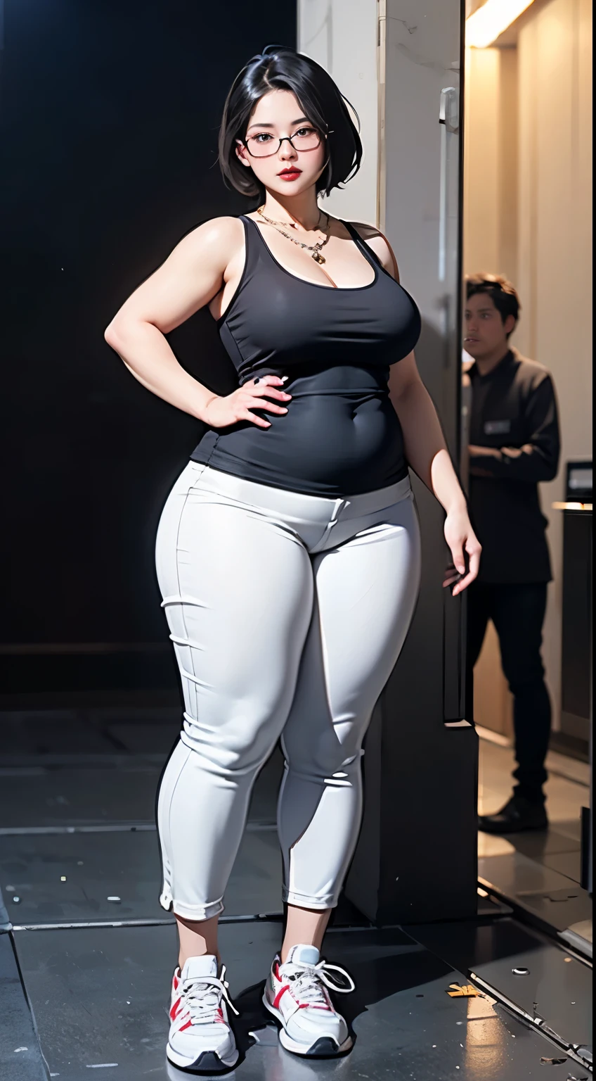 ((best quality)), ((masterpiece)), (detailed), perfect face, chubby woman, chubby face , chubby girl , widest hips , fat belly , thick neck ,, thicc , thick body , thick thighs , thick arm, small breasts but her body is a chubby, full body view, dark-black room, black bokeh background, thight dress, wearing sneakers, short hairstyle, diamond necklace, wearing a watch, tall woman, restore face, white skin , longest thight pants , glasses , cold vibes, , 4k resolution, japanese goddess,voluptuous