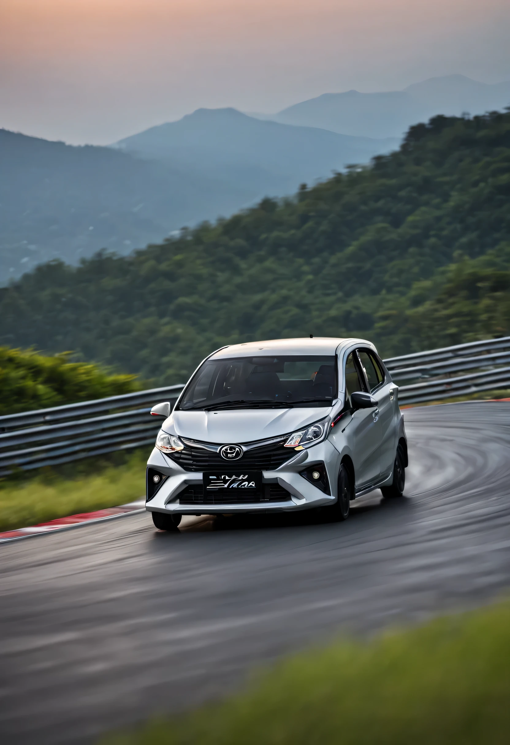 Daihatsu Sigra,Toyota Calya,countersteering,sliding,(real photo:1.4),EasyNegativeV2,highspeed,motionblurbackground, RAW Photo, Early Morning, Dawn, Drifting, Race Track, Initial D, Akira Mountain Road
