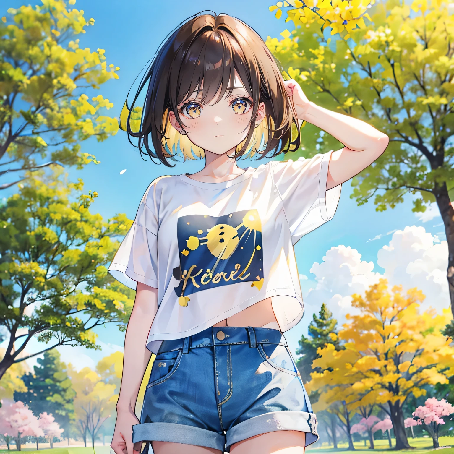 brown hair,Short hair details,Bangs,yellow eyes,charming,age girl,White short sleeves,Denim shorts,,Sakura trees in the background,blue sky,happy expression