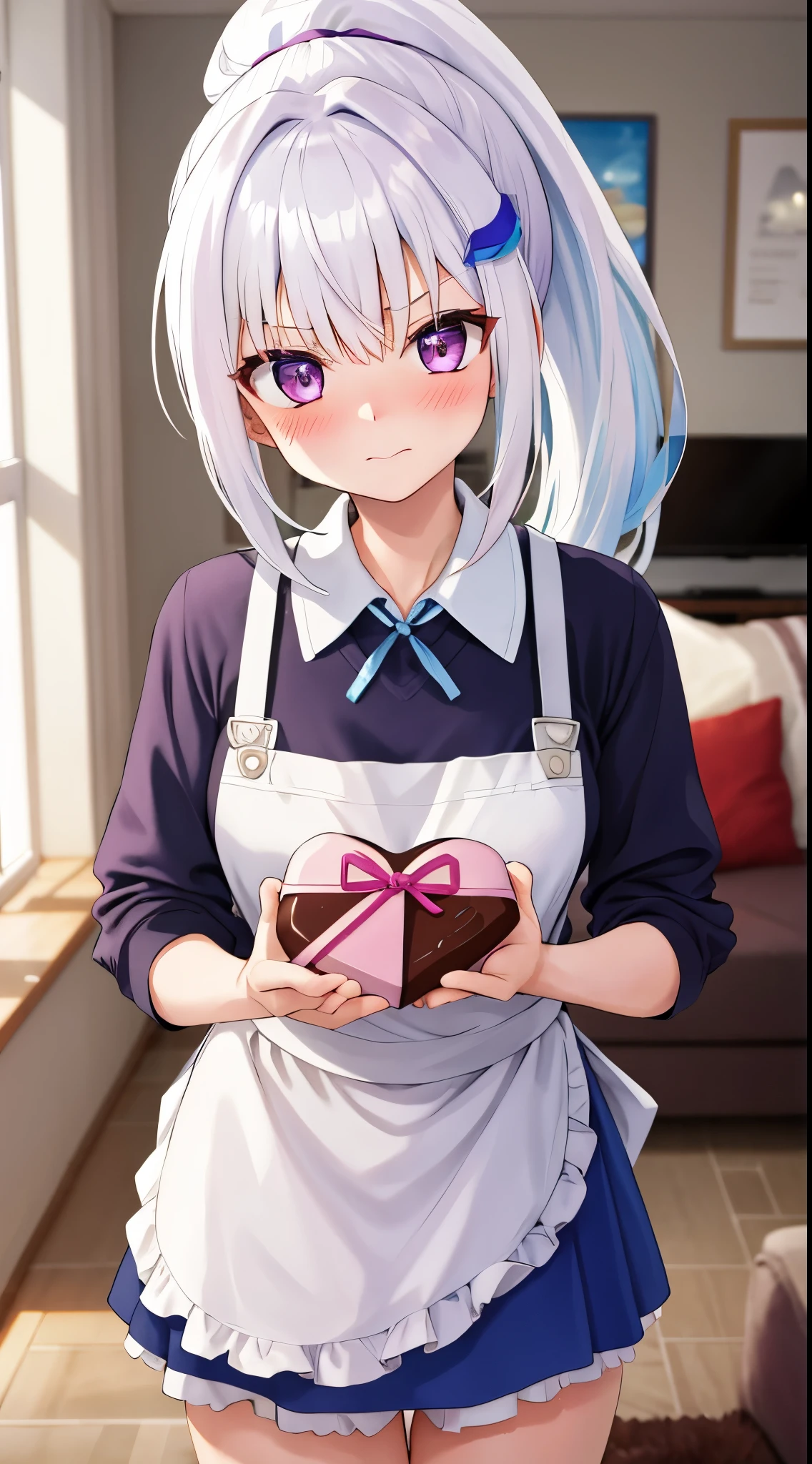 One girl with high ponytail hair, bangs, white hair, blue inner hair:1.25) , purple eyes, looking at viewer, blushing, embarrassed, serious expression, indoor, living room, t shirt, thigh, apron, holding a gift, chocolate gift, love chocolate, valentine gift, mid-chest, day atmosphere, hair ornament, medium breasts, upper body, focus, blurry background