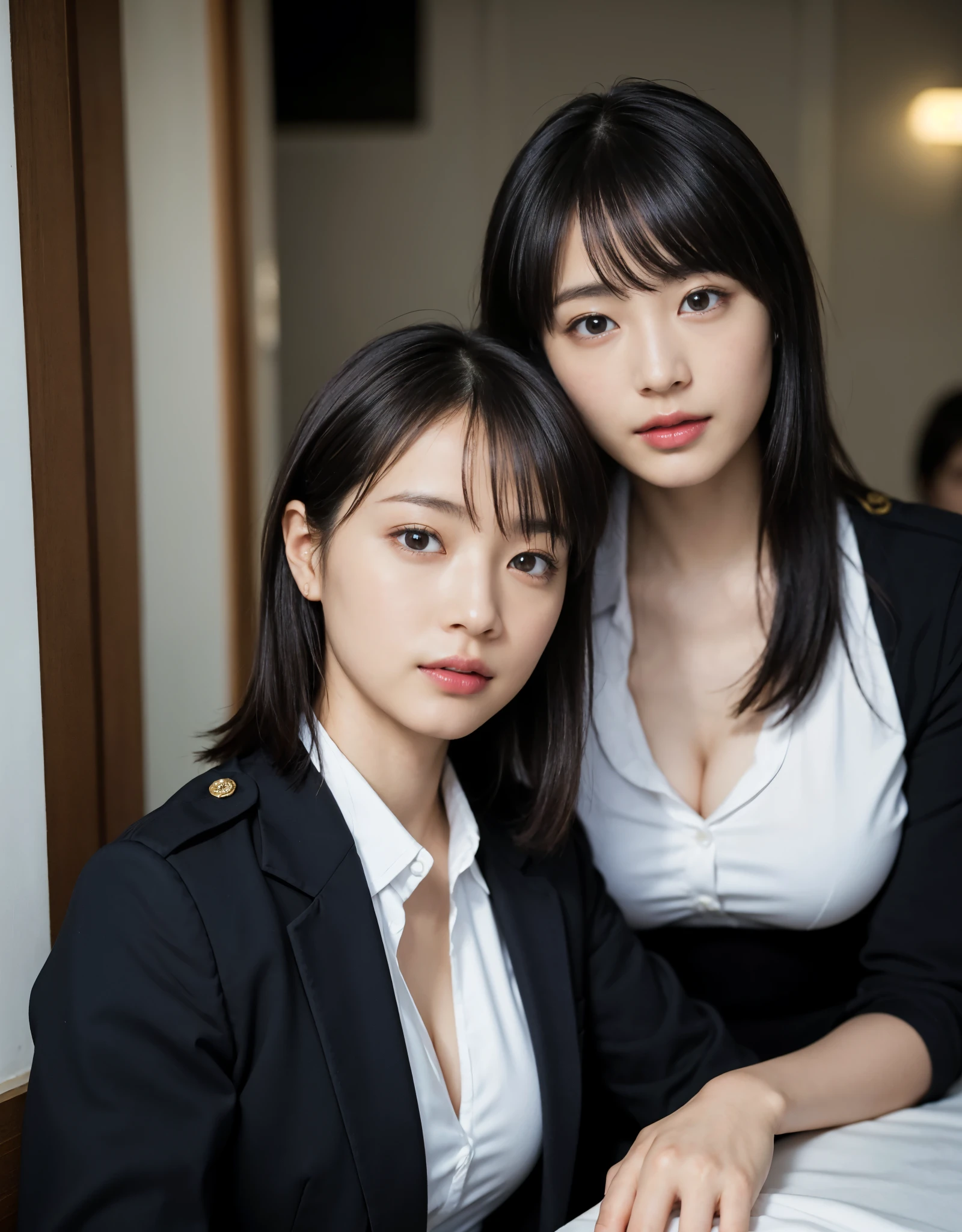 highest quality、masterpiece、Super high resolution、(Photoreal:1.4)、RAW photo、((cabin attendant))、1people、stewardess、extraordinary beauty、full body esbian、plane、(((sexy costume))、((Reveal uniforms))、Very heavy chest、cleavage、short cut hairstyle 、japanese women、Photoreal、beautiful and fine eyes、hyper realism、high contrast、Ultra HD、realistic skin texture、best image quality、highest quality、Super high resolution、small details、very politely