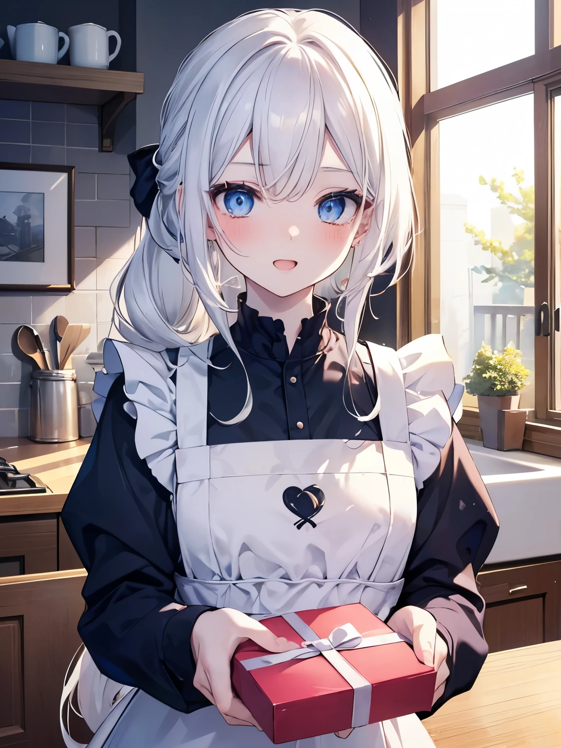 masutepiece, Highest Quality, (Perfect face:1.1), (high detailing:1.1), (ultradetailed eyes), Dramatic, superfine illustration, Extremely detailed, 1girl in,teenager, (pale skin), long white hair,low ponytail, Ethereal eyes, Blue eyes,blush,Solo,Smile, Happy, Laugh, Enjoy, Open mouth, Pouty lips,Cinematic lighting, Looking up,upper body,Long sleeve,Blue Princess dress,apron,indoor,kitchen,morning,sunny,holding present box,put your arms out in front of you