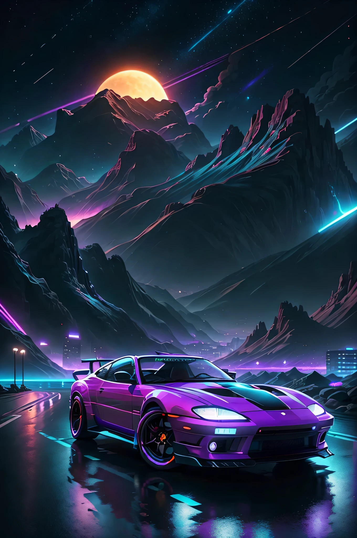 planet background，City,sports car, wide body kit, road, purple neon light, sun, Mountain, (masterpiece, detailed, high resolution), screen resolution 1366 x 768，cyberpunk