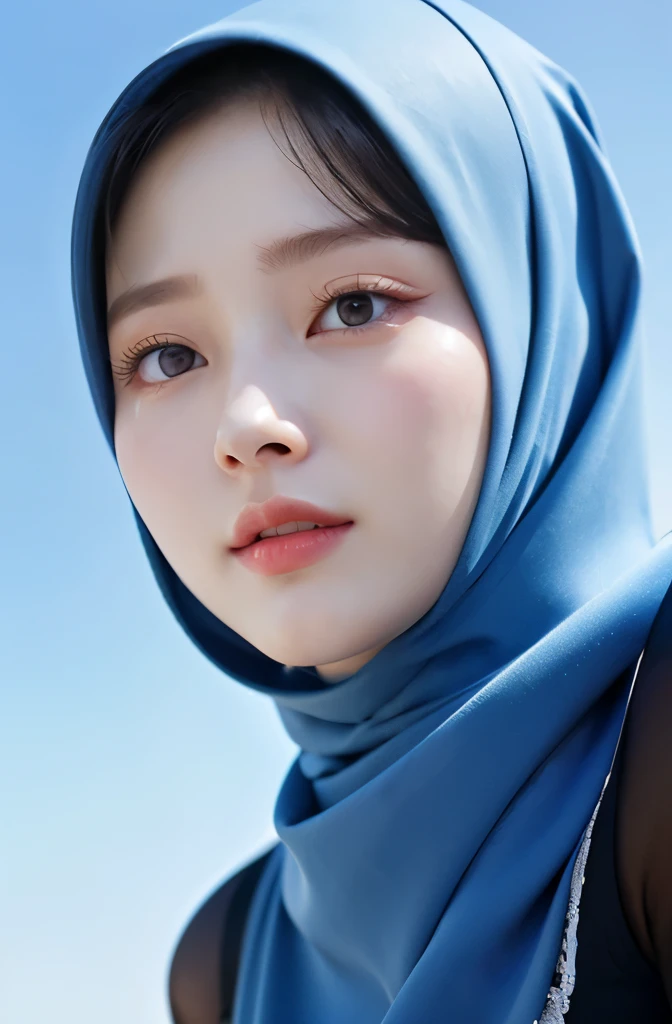 Wear hijab blue collor, ((Best quality, 8k, Masterpiece :1.37)), position:sitting, face looking at the camera holding a smart phone, ( women in hijab), women in hijab blue, style model, ( women in hijab), beautiful face, Beautiful detailed eyes, Korean eyes, nose detail, Natural Lips, 18 year old girl, black hair, very detailed face, ultra detailed body, slim body, detailed big breasts, detailed hairy vagina, Wearing Muslim hijab , luxurious jubba thobbe, blue sky view, slim body, realistic face, women wearing hijabs, smiling face