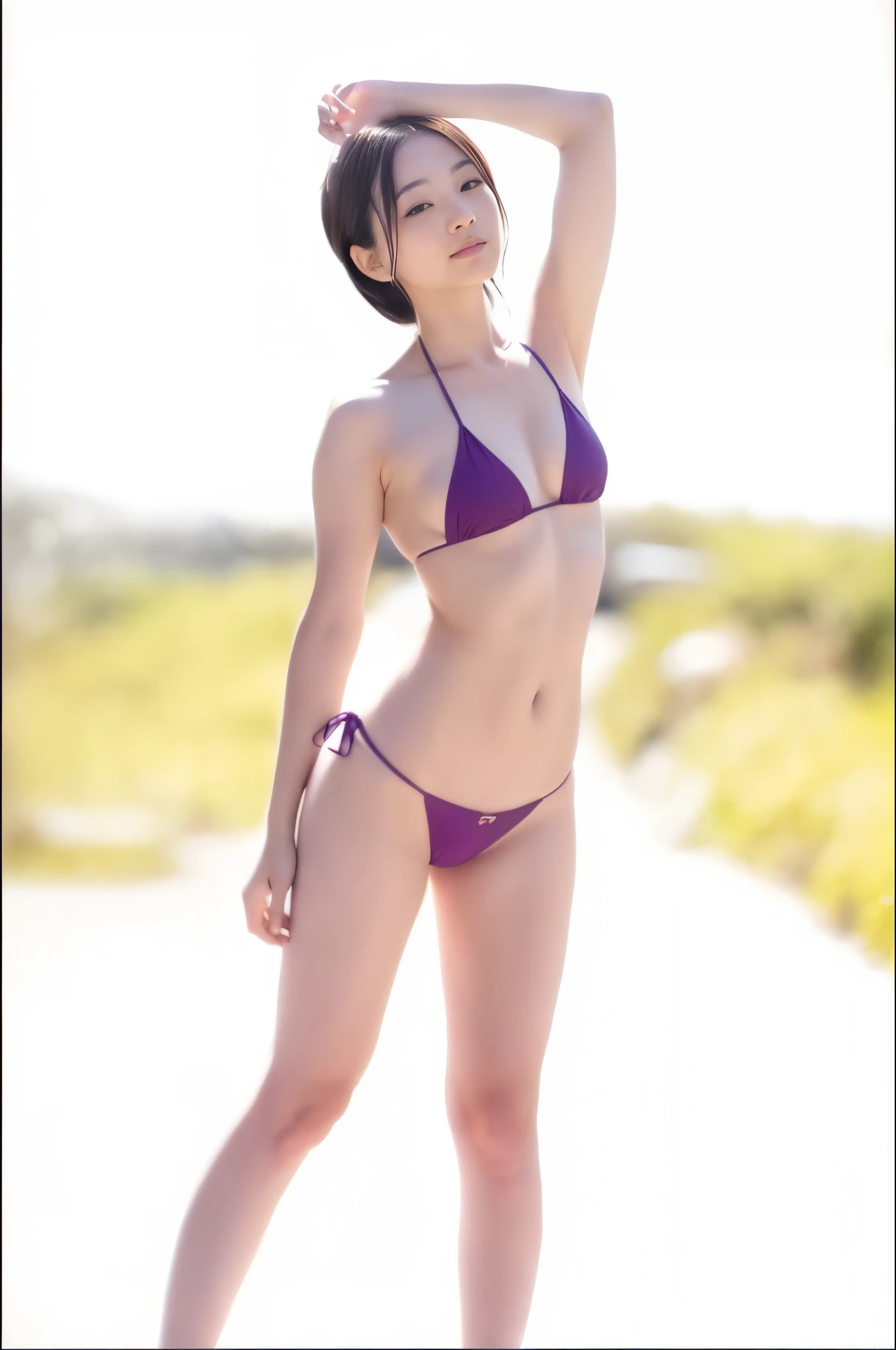 (16k, ultra high res, best quality, high quality, masterpiece:1.3), (a professional photo of girl), RAW photo, realistic illustration, (ultra detailed eyes and face), (ultra detailed beautiful skin), (full body shot), elegant sleek smooth body, sultry body, perfect body, attractive body, photorealistic perfect body, facial features, Super Detail Beautiful Natural Skin, natural makeup, narrow waist, slender, wide hips, cleavage, japanese woman, she is very sexy, she is cute and beautiful, woman in a micro bikini. string bikini, is wearing a thong bikini, bikini model, swimsuit model, skinny waist and thick hips, in a bikini, curvy figure, gorgeous bikini model, wearing a micro bikini, attractive body, friendly smile, full body shot, arafed woman in a purple bikini posing on a road, young skinny gravure idol, young pretty gravure idol, young gravure idol, realistic young gravure idol, in micro bikini, japanese model, young sensual gravure idol, sophisticated gravure idol