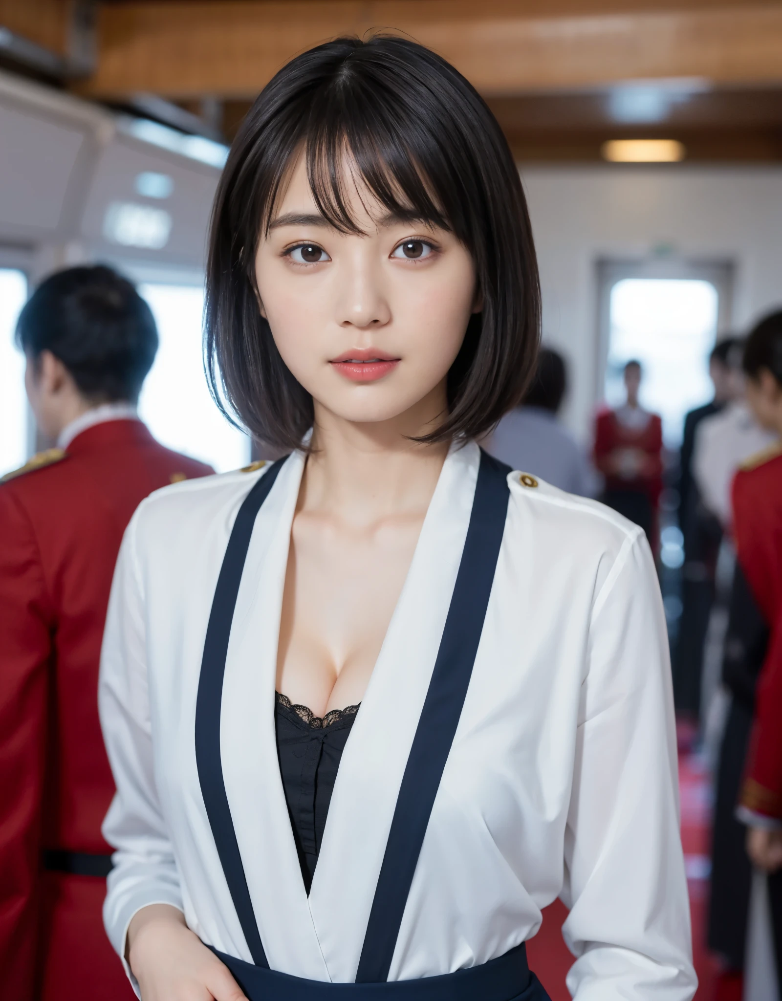 highest quality、masterpiece、Super high resolution、(Photoreal:1.4)、16k、RAW photo、((cabin attendant))、1people、stewardess、extraordinary beauty、full body esbian、plane、(((sexy costume))、((Reveal uniforms))、Very heavy chest、cleavage、short cut hairstyle 、japanese women、Photoreal、beautiful and fine eyes、hyper realism、high contrast、Ultra HD、realistic skin texture、best image quality、highest quality、Super high resolution、small details、very politely