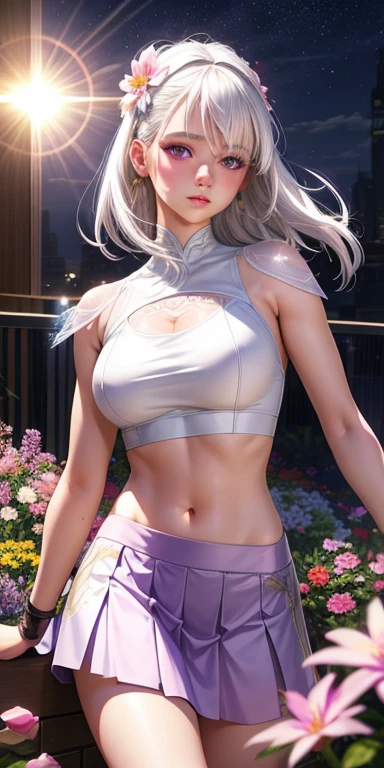 realistic, 1girl, white hair, purple eyes, glowing eyes, crop top, skirt, parted lips, blush, night, flowers, sun, sunlight,