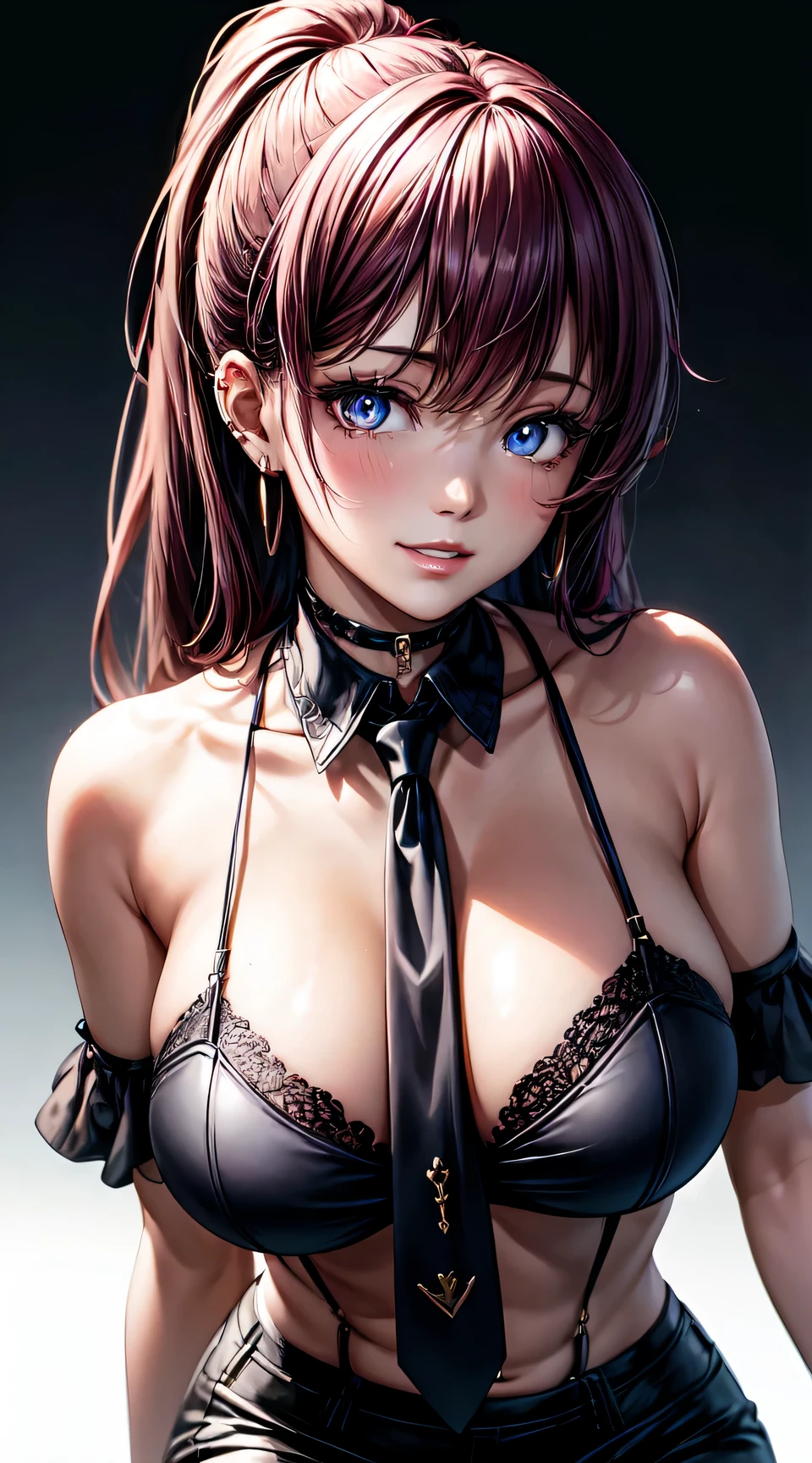 (anime style),masterpiece, best quality, ultra-detailed, glistening shiny, glowing light, ray tracing, HDR, deph of field, (perfect face, detailed face, detailed eyes), big breast, big butt, big thighs, mature woman, 8k,HD,ultra realistic face, ray tracing,perfect lighting,best quality, ultra-detailed, shiny eyes, (looking at viewer,sensual smile kiss:1.1), ((1girl)), (gyaru, mature female:1.4), hourglass_body shape, marin,long hair,((black gradient hair)), multicolored eyes, gradient eyes, (glowing eyes:1.1), (fashion make up), parted lips, short skirt, short shirt, jewelry, earrings, necktie, choker, grin, bracelet, plaid,black choker, plaid pants, piercing, ear piercing, bright pupils,tied shirt, bead bracelet,white background