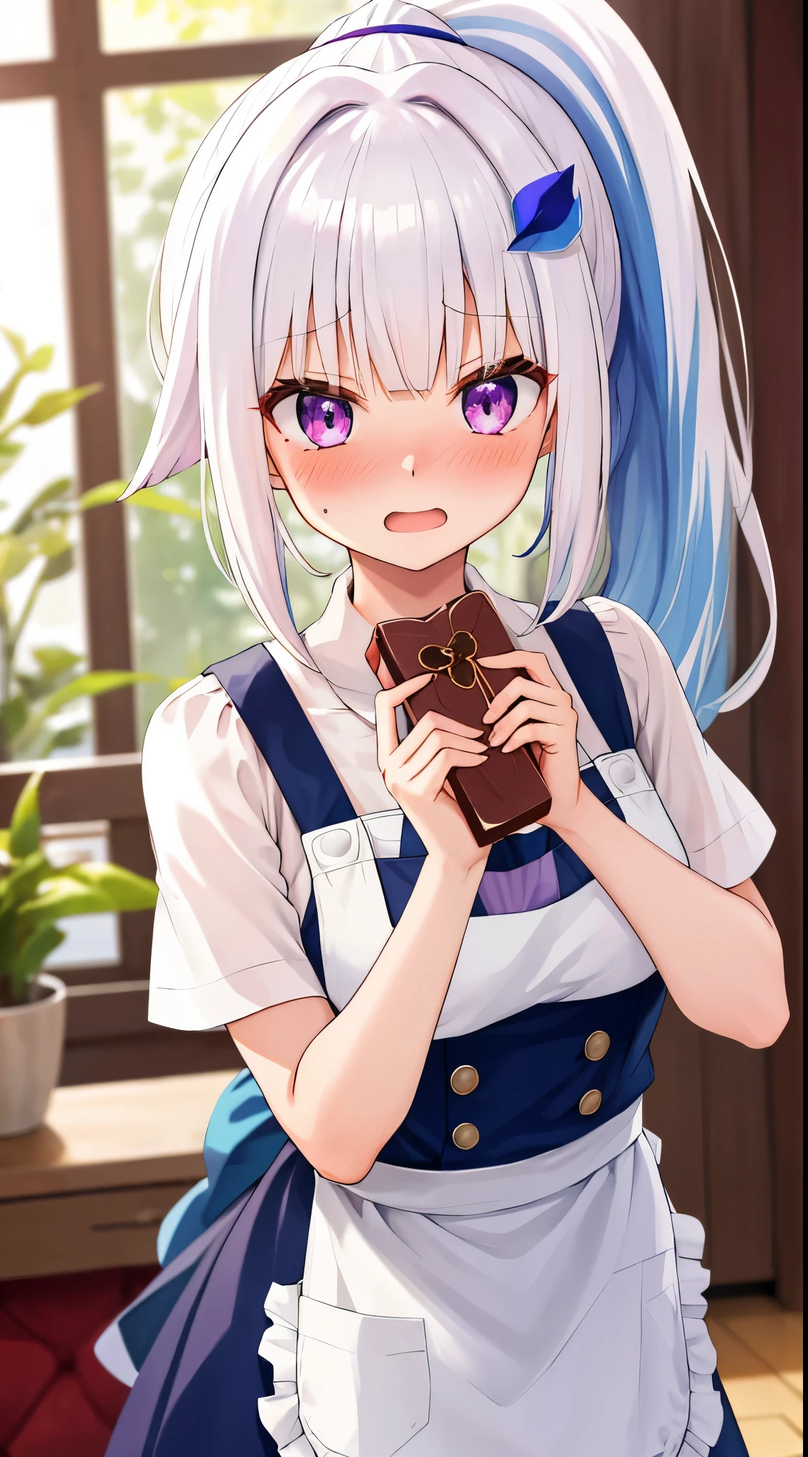 One girl with high ponytail hair, bangs, white hair, blue inner hair:1.25) , purple eyes, looking at viewer, blushing, embarrassed, open mouth, indoor, living room, t shirt, thigh, apron,  holding a gift, chocolate gift, love chocolate, valentine gift, mid-chest, day atmosphere, hair ornament, medium breasts, upper body, focus, blurry background