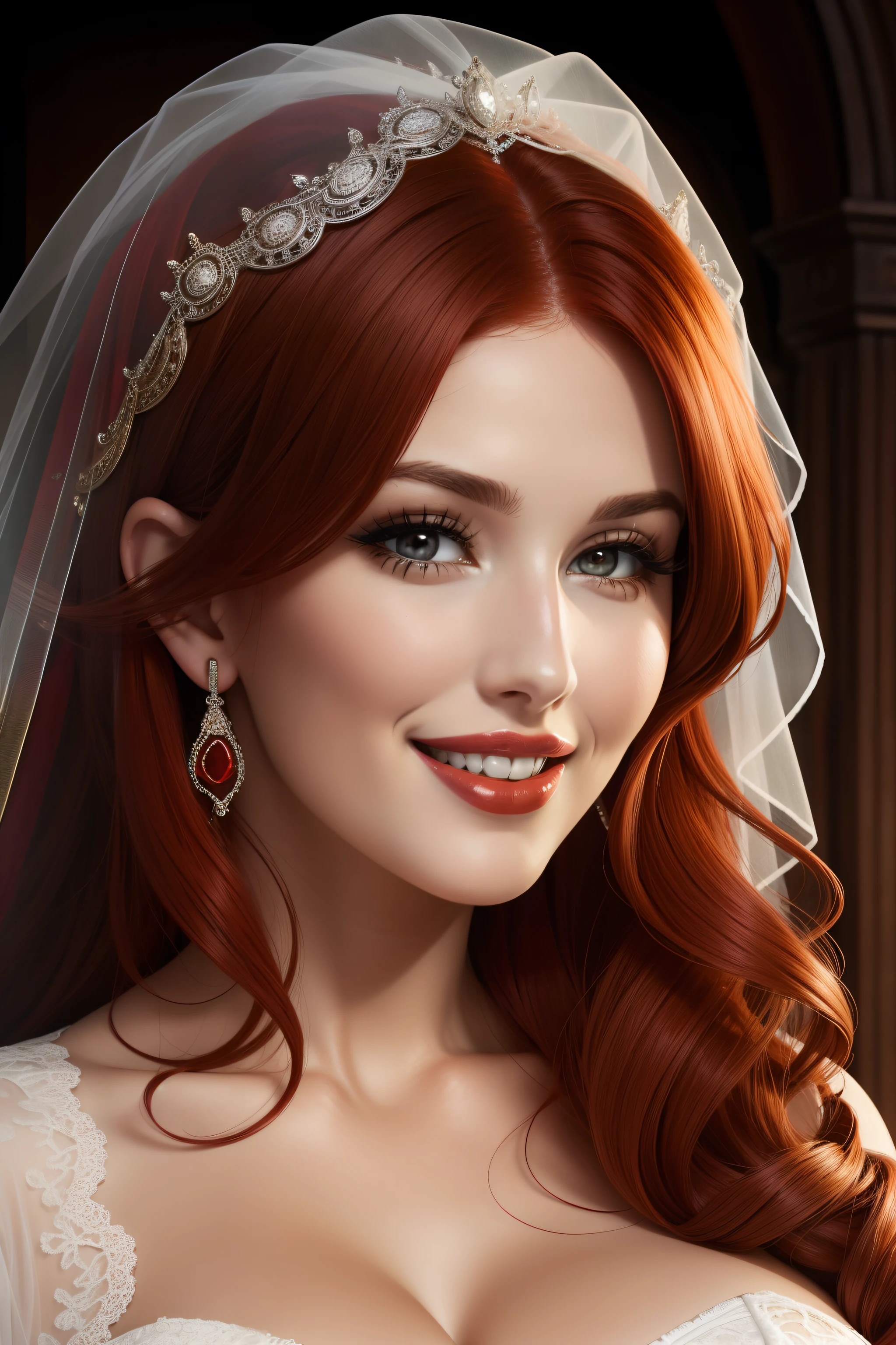 lucy pinder, face portrait, smiling, red hair, curly hair, bride, red lipstick