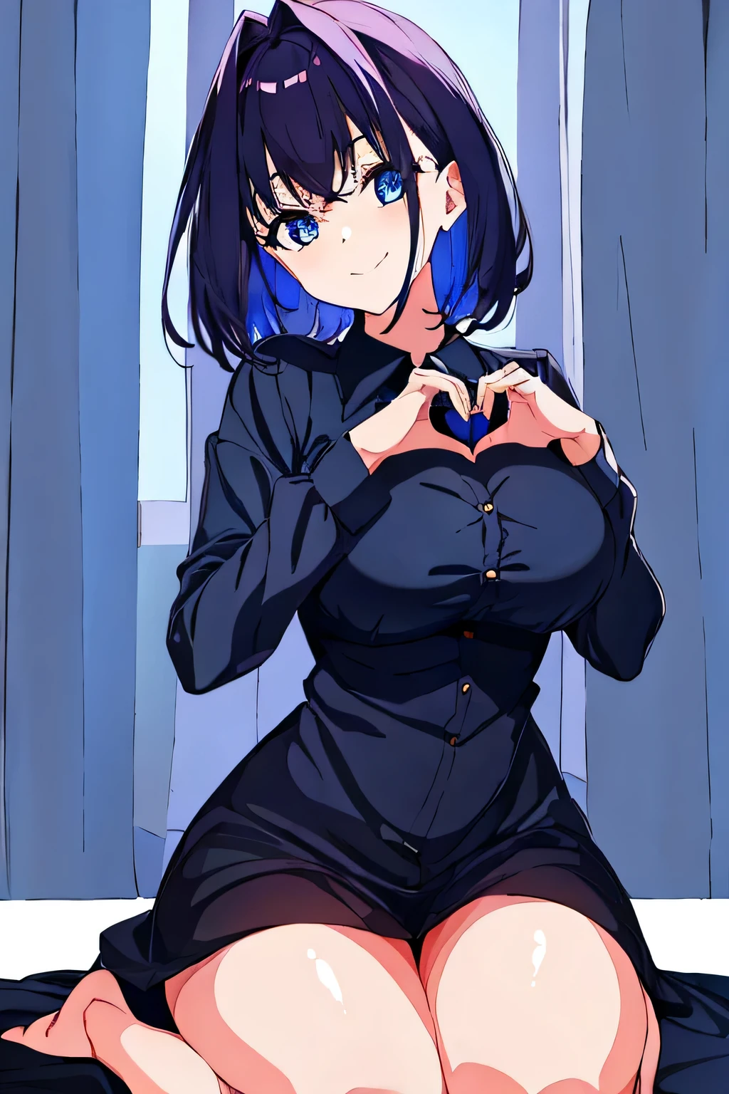 1girl, short dark blue hair, large breasts, blue eyes, smiling, kneeling, heart hands, absurdres, dress shirt, high res, ultrasharp, 8K, masterpiece, looking at viewer