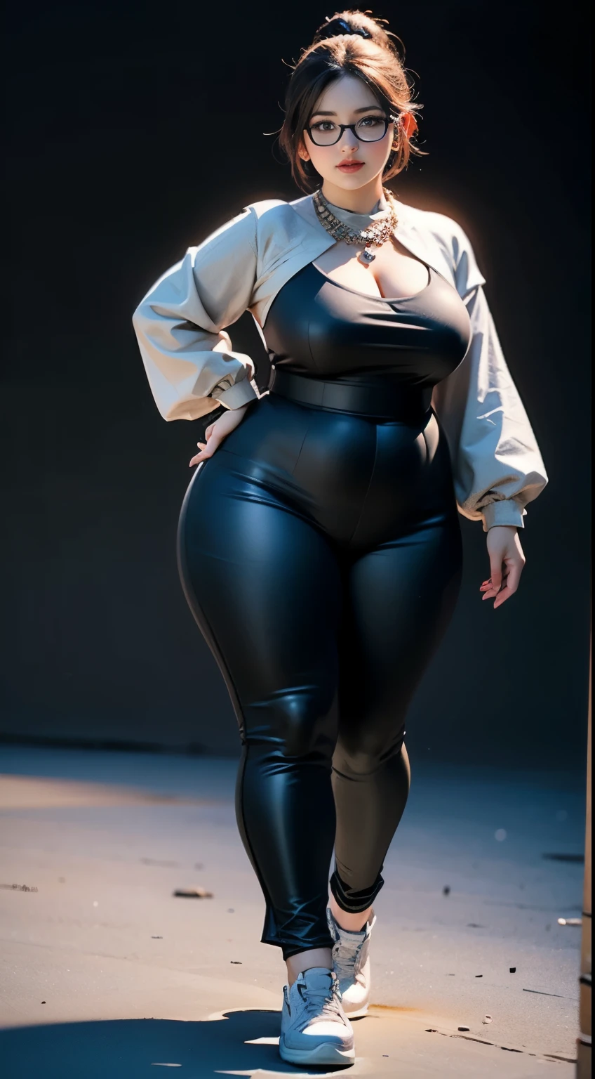 ((best quality)), ((masterpiece)), (detailed), perfect face, chubby woman, chubby face , chubby girl , widest hips , fat belly , thick neck ,, thicc , thick body , thick thighs , thick arm, small breasts but her body is a chubby, full body view, dark-black room, black bokeh background, thight dress, wearing sneakers, short hairstyle, diamond necklace, wearing a watch, tall woman, restore face, white skin , longest thight pants , glasses , cold vibes, , 4k resolution, japanese goddess,voluptuous 