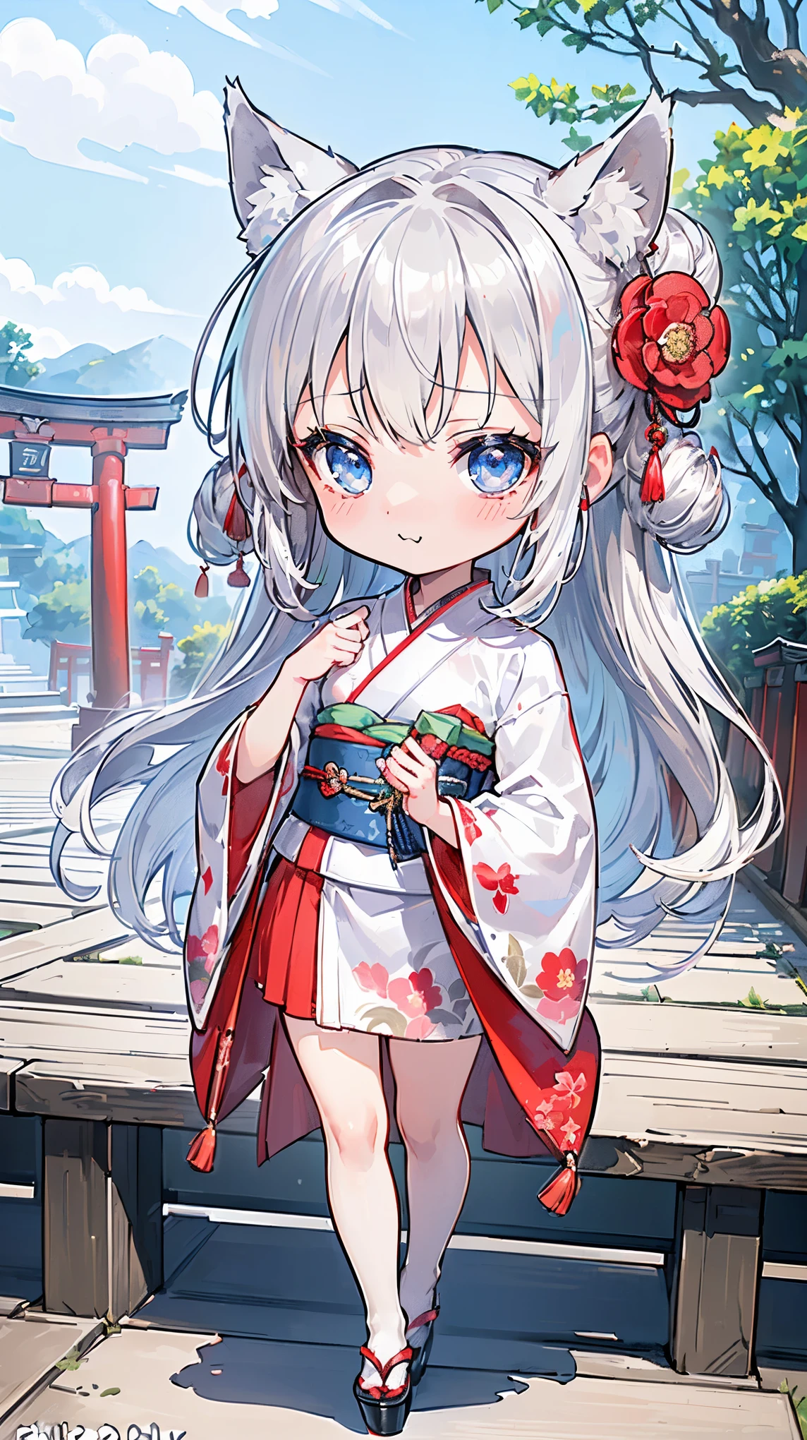 (((Masterpiece))), (((Highest quality))), ((Ultra-detailed)), ((Super fine illustration)), ((Ultra-fine painting)), (16K highest quality wallpaper:1.4), (Chibi:2.0), (Full body:1.6), HDR, (Highly detailed and delicate illustration style:1.8), Detailed skin texture, Detailed cloth texture, Extreme detailed description, (T-masterpiece), (Highly detailed face:1.2), (Highly detailed silver fox ears:1.2), (Highly detailed shiny silver half updo:1.2), (Highly detailed clear eyes:1.2), Original, RAW photo, Professional, Intricate details, Super details, Direct light:1.6, (Perfect anatomy:1.4), (Highly detailed hands:1.2), (Highly detailed fingers:1.2), (Highly detailed fingertips:1.2), (16-years-old), Real, (Solo:1.8), ((A very beautiful and cute silver fox girl who is an idol and wears a bright red long-sleeved kimono with a floral pattern:1.4)) BRAKE (Beautiful and adorable silver fox ears:1.8), (Highly detailed and delicate silver fox ears:1.4), (Beautiful and shiny silver half updo:1.6), (Highly detailed and delicate silver half updo:1.2), (Beautiful clear blue eyes that shine with great detail:1.6), (Highly detailed and delicate blue eyes:1.2), (Highly detailed face:1.4), (Smile:1.3), (Blush:1.4), (Looking at viewer:1.4), (Celebration:1.4) BRAKE (Bright red long-sleeved kimono with floral pattern:1.4), (Japanese traditional costume:1.2) BRAKE (Concept art:1.2), (Detailed fantasy art:1.2) BRAKE (Just after noon:1.4), (Very detailed and beautiful Ise Grand Shrine in Mie Prefecture just after noon in the background:1.6), (Standing in front of the torii gate:1.4), (Celebration:1.4), Ise Grand Shrine:1.4, Torii gate of Ise Shrine:1.4, Very beautiful in the sunny sky background just after noon:1.4 BRAKE