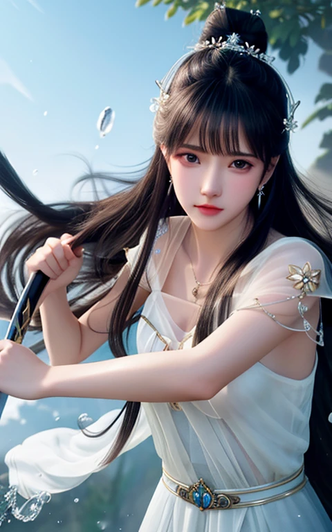 best quality,masterpiece,highres,cg,
1girl,weapon,sword,long hair,dress,water,solo,jewelry,white dress,earrings,hair ornament,splashing,upper body,hair bun,black hair,
lighting,candid,Photograph,high resolution,4k,8k,Bokeh,