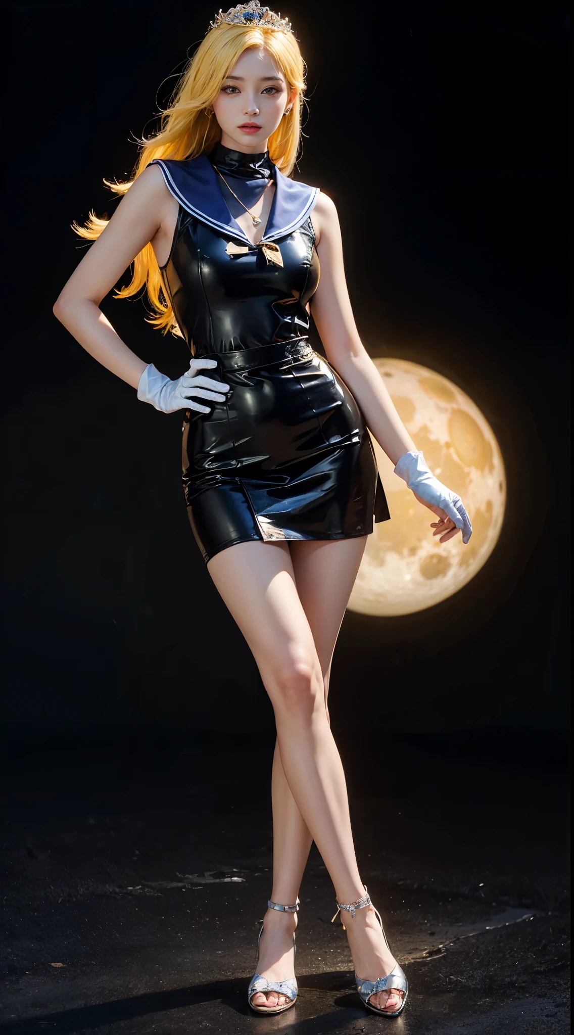 ((masterpiece:1.4)、(highest quality:1.4)、(realistic:1.7))、master piece:1.4、beautiful girl、(beautiful girl戦士セーラームーン:1.4)、moon野うさぎ、Body fit sexy sailor warrior uniform、(shiny latex)、(The jacket is a white sleeveless sailor uniform....)、(Skirt Blue Sexy Ultra Ultra Pleated Mini Skirt)、There are two thin blue lines on the collar of the sailor uniform................、high leg swimsuit、red cloth decoration on the chest、(wearing white gloves)、cute girl、Super beautiful、sharp focus、portrait photography、(perfect female body:1.4)、perfect proportions、(full body photography:1.4)、beautiful face、beautiful eyes、narrow waist、(足が長くスタイルの良いbeautiful girl:1.4)、beautiful feet、(yellow hair:1.4)、(long hair:1.2)、beautiful breasts、big breasts:1.2、sexy butt、Raw photo、red lips、red high heels:1.4、choker:1.4、necklace:1.4、earrings:1.4、luxurious golden tiara:1.4、1 screen display、moon、universe、universe船、universeステーション、city of the future