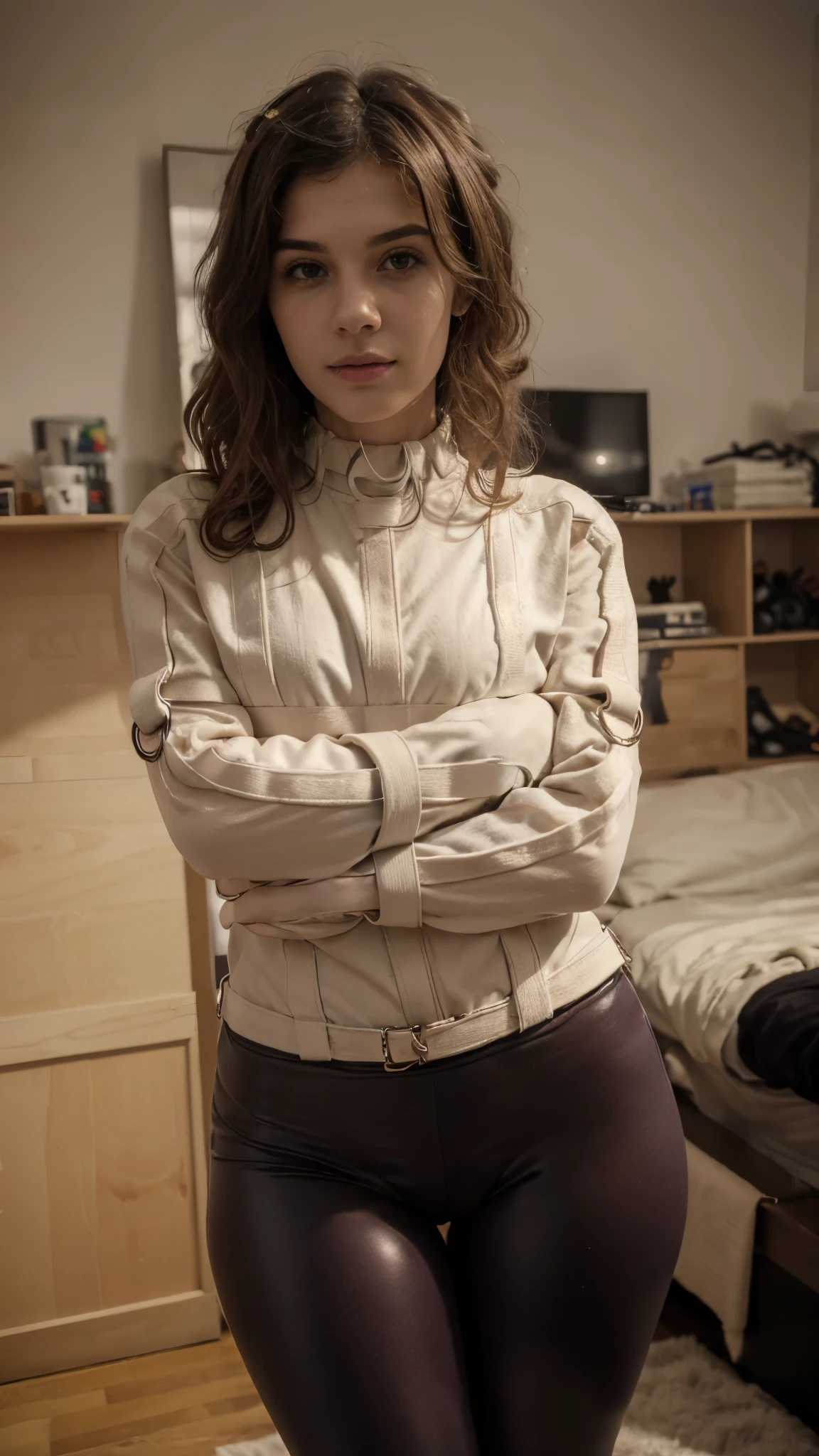 (best quality, highres, ultra-detailed), german brunette emo girl with curly hair, wearing straitjacket, leggings, at home