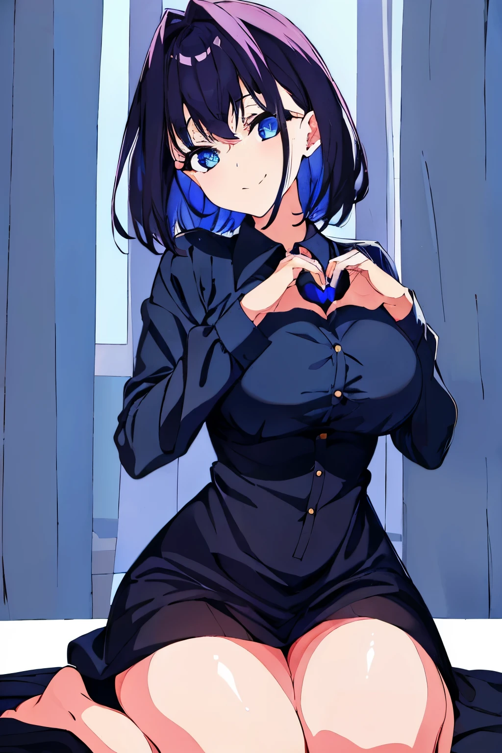 1girl, short dark blue hair, large breasts, blue eyes, smiling, kneeling, heart hands, absurdres, dress shirt, high res, ultrasharp, 8K, masterpiece, looking at viewer