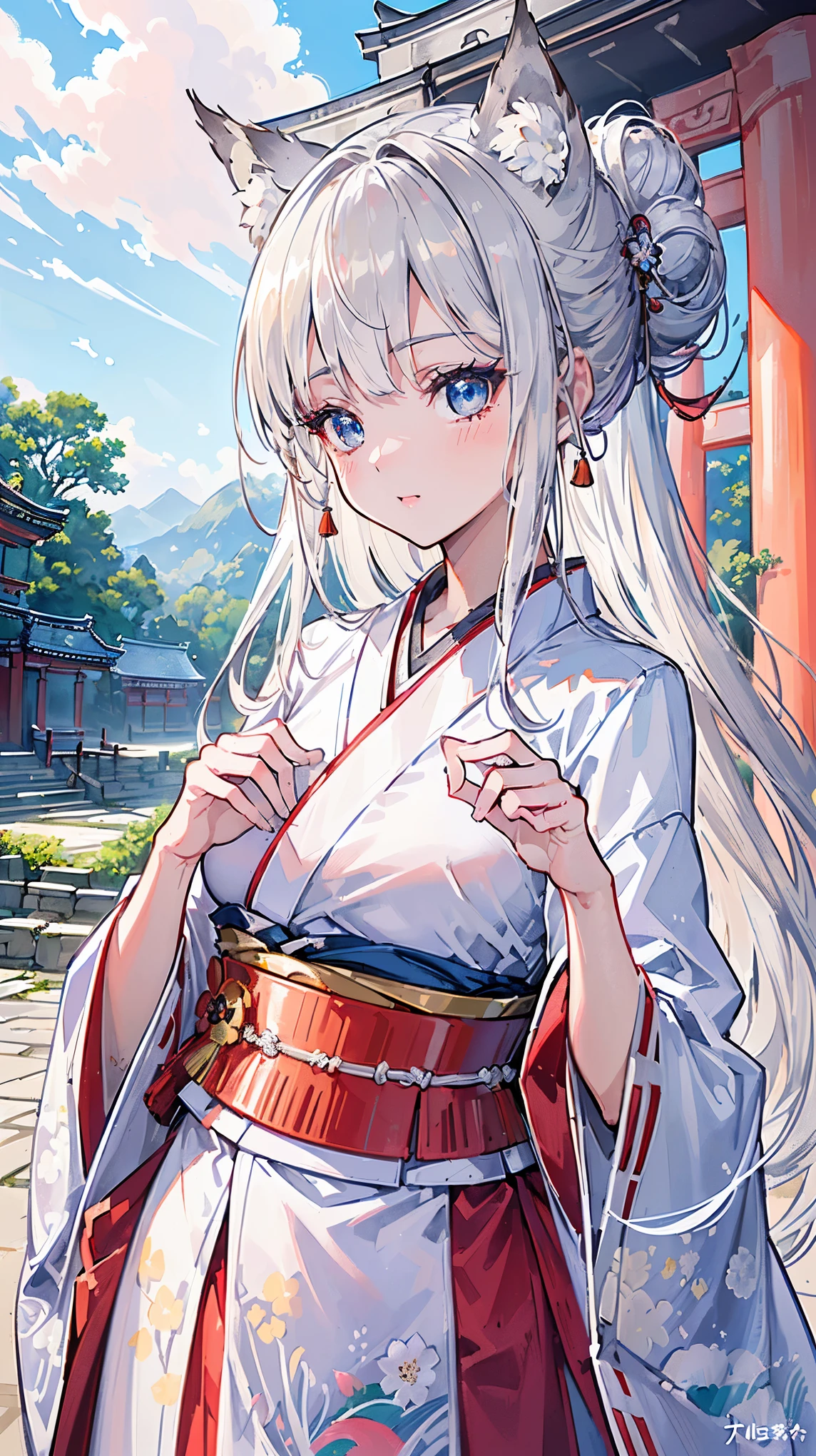 (((Masterpiece))), (((Highest quality))), ((Ultra-detailed)), ((Super fine illustration)), ((Ultra-fine painting)), (16K highest quality wallpaper:1.4), (Upper body:1.6), HDR, (Highly detailed and delicate illustration style:1.8), Detailed skin texture, Detailed cloth texture, Extreme detailed description, (T-masterpiece), (Highly detailed face:1.2), (Highly detailed silver fox ears:1.2), (Highly detailed shiny silver half updo:1.2), (Highly detailed clear eyes:1.2), Original, RAW photo, Professional, Intricate details, Super details, Direct light:1.6, (Perfect anatomy:1.4), (Highly detailed hands:1.2), (Highly detailed fingers:1.2), (Highly detailed fingertips:1.2), (16-years-old), Real, (Solo:1.8), ((A very beautiful and cute silver fox girl who is an idol and wears a bright red long-sleeved kimono with a floral pattern:1.4)) BRAKE (Beautiful and adorable silver fox ears:1.8), (Highly detailed and delicate silver fox ears:1.4), (Beautiful and shiny silver half updo:1.6), (Highly detailed and delicate silver half updo:1.2), (Beautiful clear blue eyes that shine with great detail:1.6), (Highly detailed and delicate blue eyes:1.2), (Highly detailed face:1.4), (Smile:1.3), (Blush:1.4), (Looking at viewer:1.4), (Celebration:1.4) BRAKE (Bright red long-sleeved kimono with floral pattern:1.4), (Japanese traditional costume:1.2) BRAKE (Concept art:1.2), (Detailed fantasy art:1.2) BRAKE (Just after noon:1.4), (Very detailed and beautiful Ise Grand Shrine in Mie Prefecture just after noon in the background:1.6), (Standing in front of the torii gate:1.4), (Celebration:1.4), Ise Grand Shrine:1.4, Torii gate of Ise Shrine:1.4, Very beautiful in the sunny sky background just after noon:1.4 BRAKE 