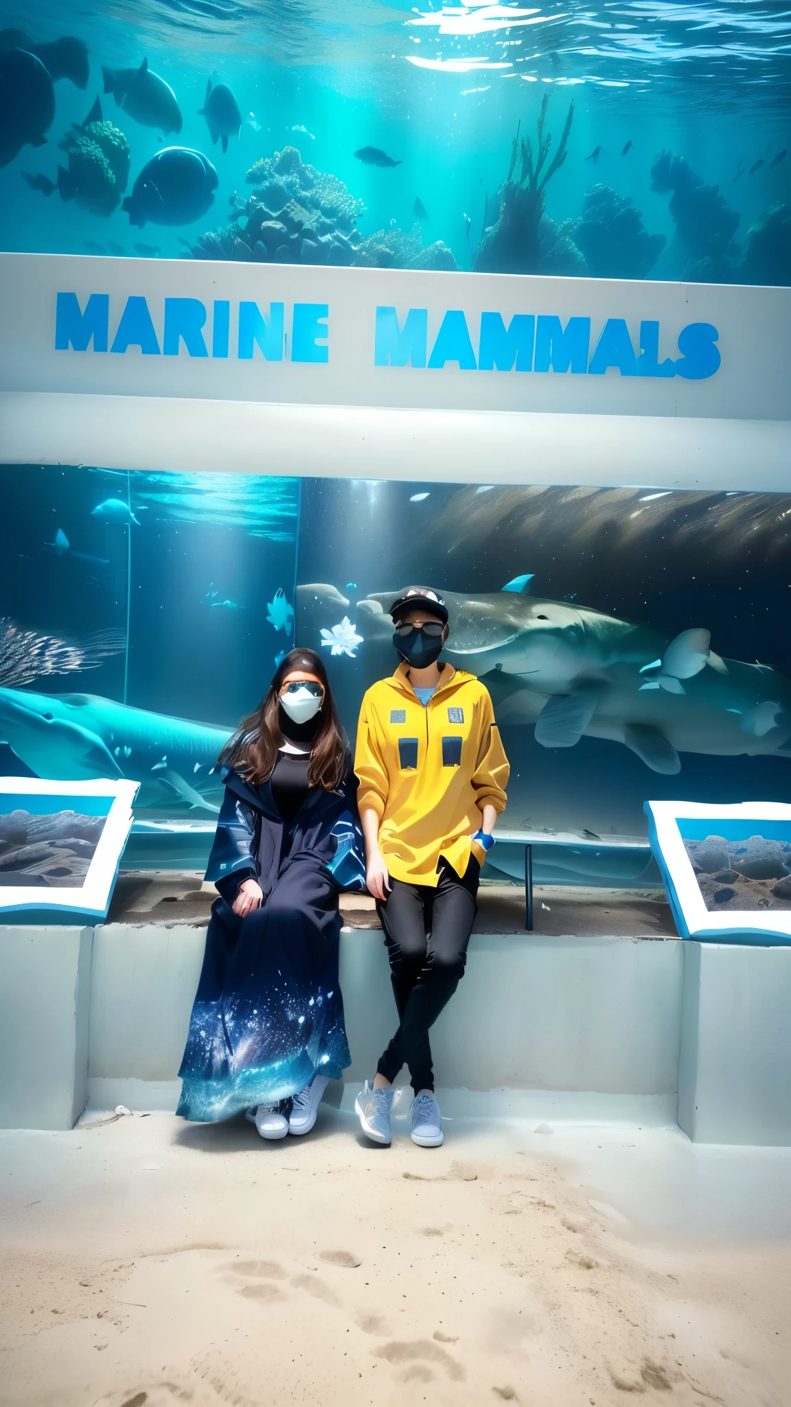 they are sitting on a bench in front of a marine mammals display, real picture taken in zoo, photo taken in 2 0 2 0, museum quality photo, taken in zoo, standing under the sea, in the zoo exhibit, very accurate photo, the photo shows a large, vacation photo, tourist photo, 22 years girl and 25 years boy, in the museum realistic face 8k ultra high quality hd futuristic background