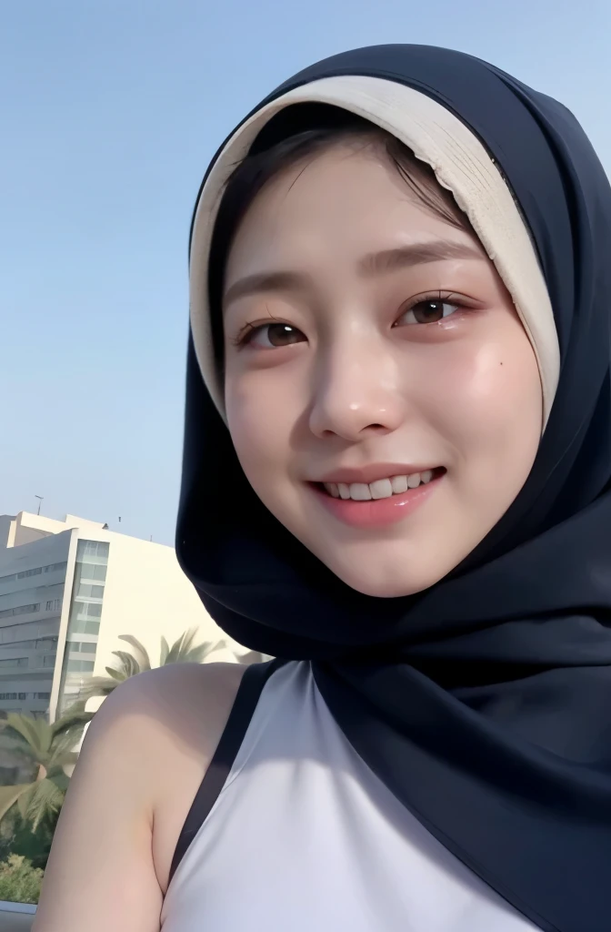 Wear hijab blue collor, ((Best quality, 8k, Masterpiece :1.37)), position:sitting, face looking at the camera holding a smart phone, ( women in hijab), women in hijab blue, style model, ( women in hijab), beautiful face, Beautiful detailed eyes, Korean eyes, nose detail, Natural Lips, 18 year old girl, black hair, very detailed face, ultra detailed body, slim body, detailed big breasts, detailed hairy vagina, Wearing Muslim hijab , luxurious jubba thobbe, blue sky view, slim body, realistic face, women wearing hijabs, smiling face