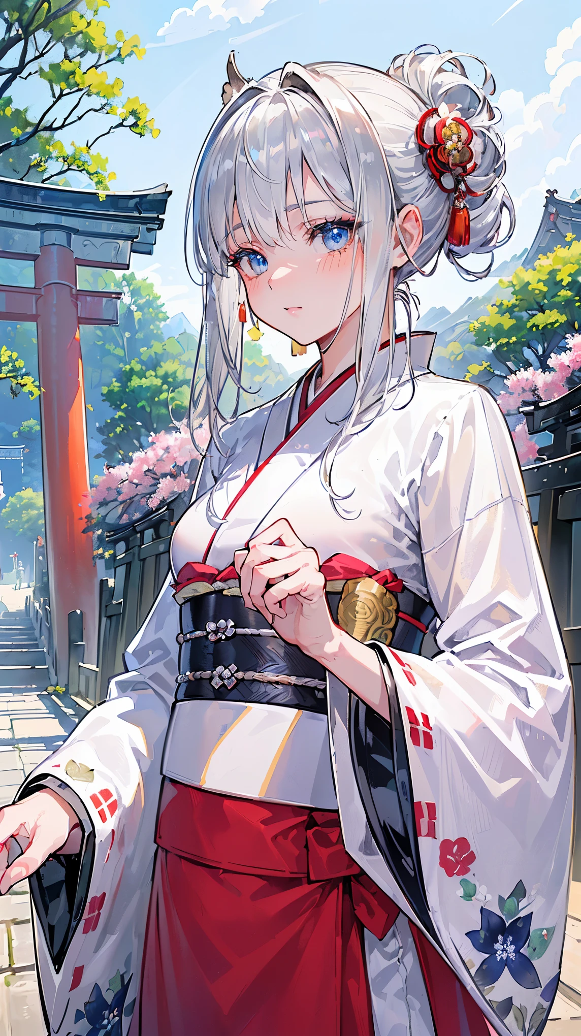 (((Masterpiece))), (((Highest quality))), ((Ultra-detailed)), ((Super fine illustration)), ((Ultra-fine painting)), (16K highest quality wallpaper:1.4), (Upper body:1.6), HDR, (Highly detailed and delicate illustration style:1.8), Detailed skin texture, Detailed cloth texture, Extreme detailed description, (T-masterpiece), (Highly detailed face:1.2), (Highly detailed silver fox ears:1.2), (Highly detailed shiny silver half updo:1.2), (Highly detailed clear eyes:1.2), Original, RAW photo, Professional, Intricate details, Super details, Direct light:1.6, (Perfect anatomy:1.4), (Highly detailed hands:1.2), (Highly detailed fingers:1.2), (Highly detailed fingertips:1.2), (16-years-old), Real, (Solo:1.8), ((A very beautiful and cute silver fox girl who is an idol and wears a bright red long-sleeved kimono with a floral pattern:1.4)) BRAKE (Beautiful and adorable silver fox ears:1.8), (Highly detailed and delicate silver fox ears:1.4), (Beautiful and shiny silver half updo:1.6), (Highly detailed and delicate silver half updo:1.2), (Beautiful clear blue eyes that shine with great detail:1.6), (Highly detailed and delicate blue eyes:1.2), (Highly detailed face:1.4), (Smile:1.3), (Blush:1.4), (Looking at viewer:1.4), (Celebration:1.4) BRAKE (Bright red long-sleeved kimono with floral pattern:1.4), (Japanese traditional costume:1.2) BRAKE (Concept art:1.2), (Detailed fantasy art:1.2) BRAKE (Just after noon:1.4), (Very detailed and beautiful Ise Grand Shrine in Mie Prefecture just after noon in the background:1.6), (Standing in front of the torii gate:1.4), (Celebration:1.4), Ise Grand Shrine:1.4, Torii gate of Ise Shrine:1.4, Very beautiful in the sunny sky background just after noon:1.4 BRAKE