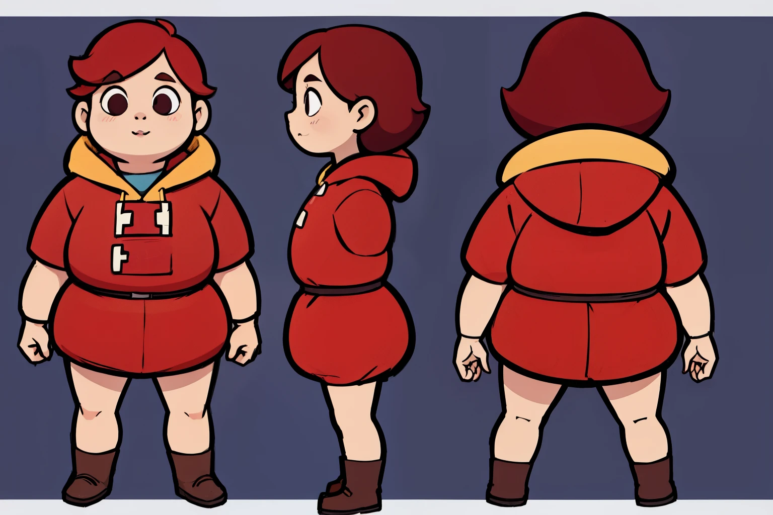 faceless, fat and cute, character sheet, dark red hair, wearing puffy clothing, holding candy