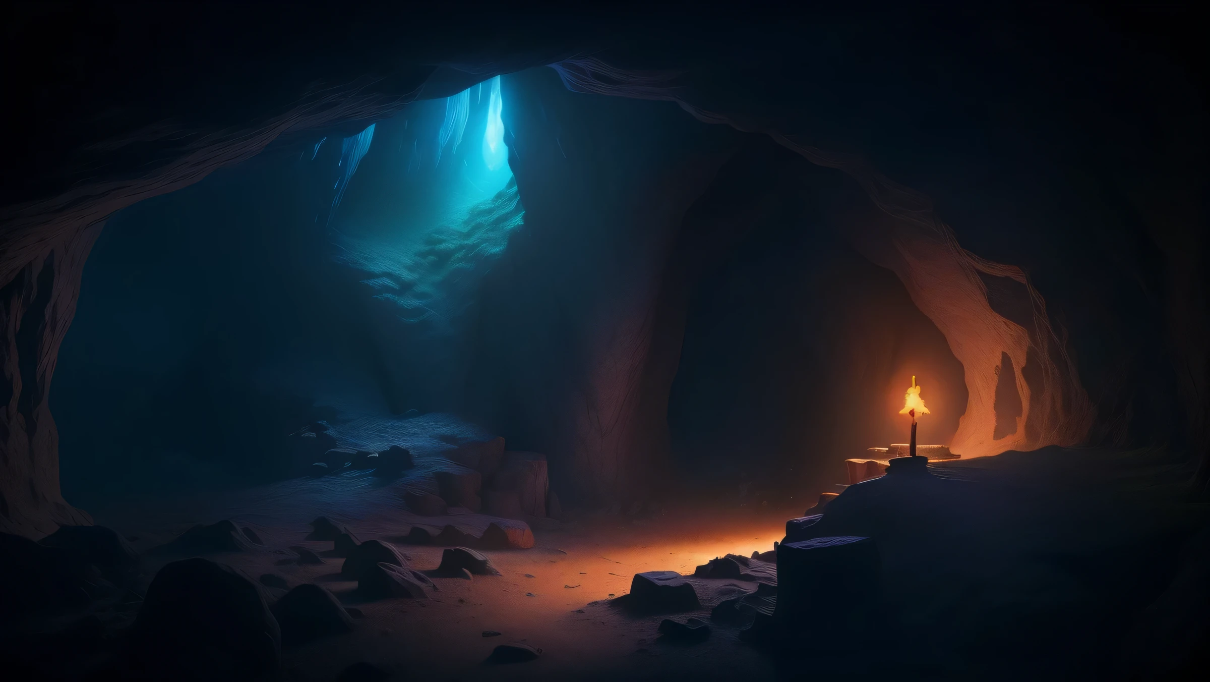 there is a small candle in a cave with a light at the end, beautiful fantasia caverna scene, magic cave, cave lighting, caverna antigarna, ambient cave lighting, cave exploration, sala caverna escura, uma caverna estranharna, Perdidos em uma cavernarna, dark gloomy fundo da caverna, fantasia atmospheric lighting, caverna, fundo da caverna, cave scenery, volumetric lighting. fantasia, dark underground cave