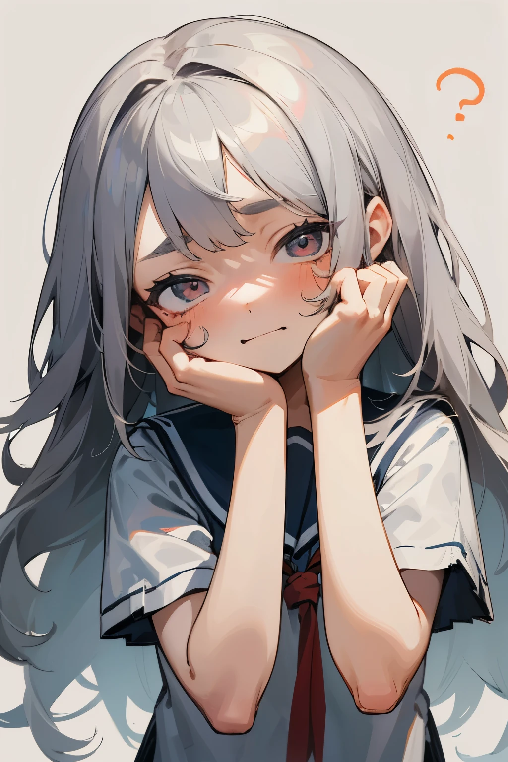 worried face,Hands on the chin,I'm worried,gray hair,long hair,primary school student,drooping eyes,happy face,girl,troubled face,9 years old