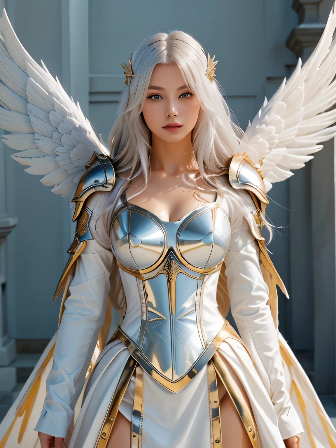 a close up of an angel with a sword, long white hair, beautiful armor, detailed white armor, stunning armor, angelic gold highlighted armor, angel knight girl, angel in plastic armor, white armor, full - body majestic angel, intricate white and gold armor, angel knight gothic girl, beautiful angelic wings, epic angel wings, armor angle with wing, stunning cgsociety, ultra realistic, perfect face, detailed face, perfect eyes, perfect nose, white hair, photograph head to toes