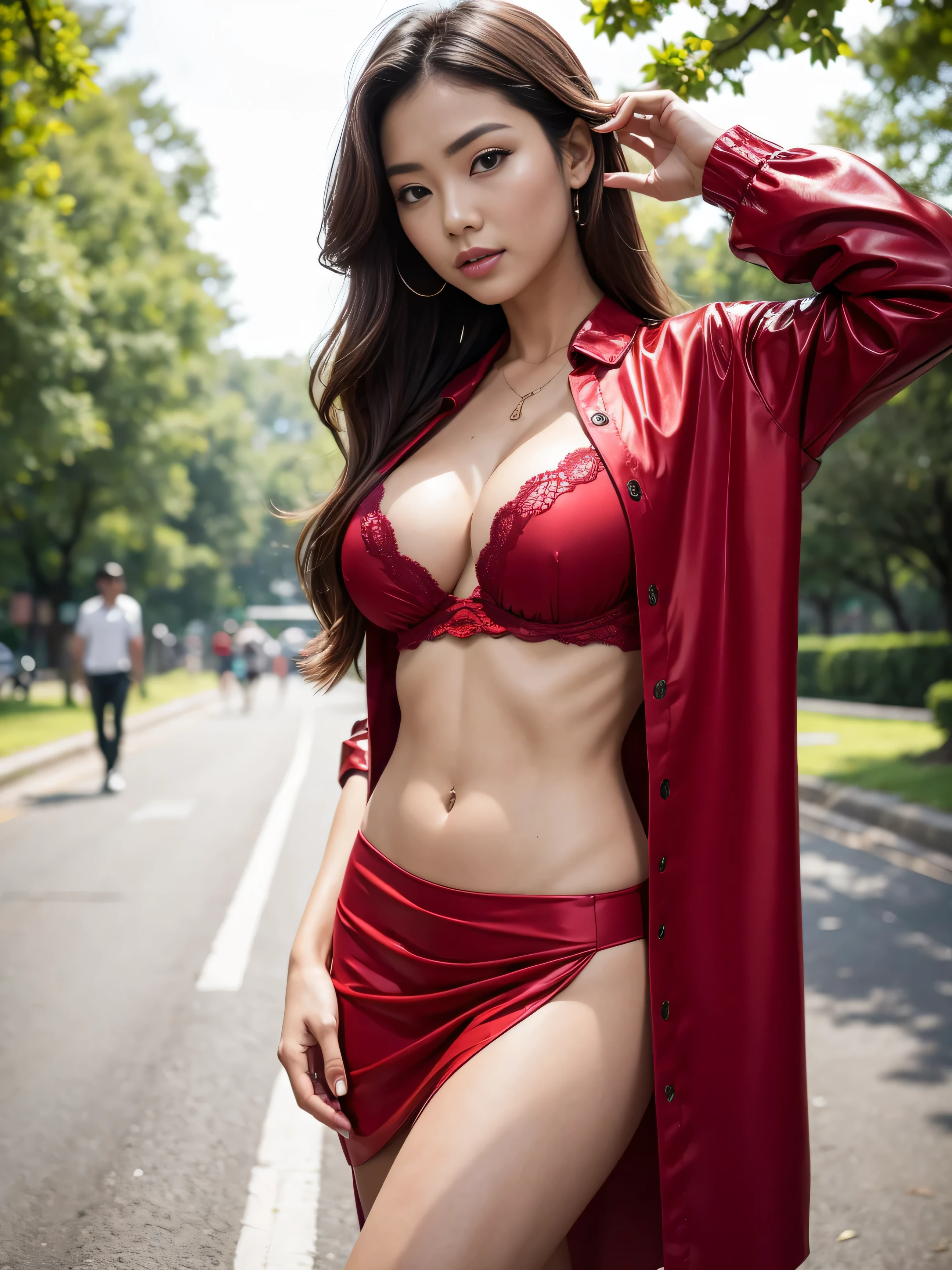 Chinese New Year Outfit, Large breasts, Wearing torn Miniskirt, with a far open shirt with a far open red shirt, 8K - Top Quality, Knee Shot, Hour Glass Body, long legs, sexy pose, walking in the park, backview