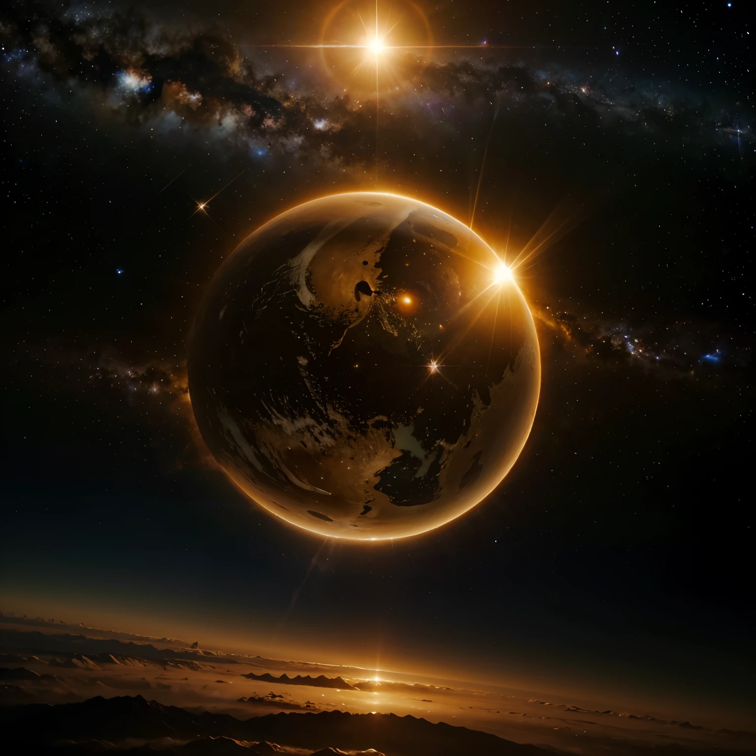 This is a breathtaking image of the sun rising over the earth, captured from a perspective that only the cosmos can offer. The space around is painted in a deep, infinite black, providing a stark contrast to the vibrant hues of the sun's glow and the earth. The earth appears as a majestic celestial body, partially illuminated by the sun's warm light. The rising sun adds a touch of brown to the scene, reminiscent of the break of dawn as perceived from the earth. The image encapsulates the grandeur of the universe, with the glowing sun serving as an astronomical object of immense beauty and power. Stars are subtly scattered across the backdrop, adding depth and a sense of vastness to the image. The celestial event of the sun rising over the earth is an awe-inspiring scene, creating an atmospheric blend of astronomy and natural beauty. The sphere of the earth and the glistening stars hint at the constellations that span the universe, revealing the galaxy's intricate design. This image truly captures the marvel of our existence within the expansive canvas of outer space.