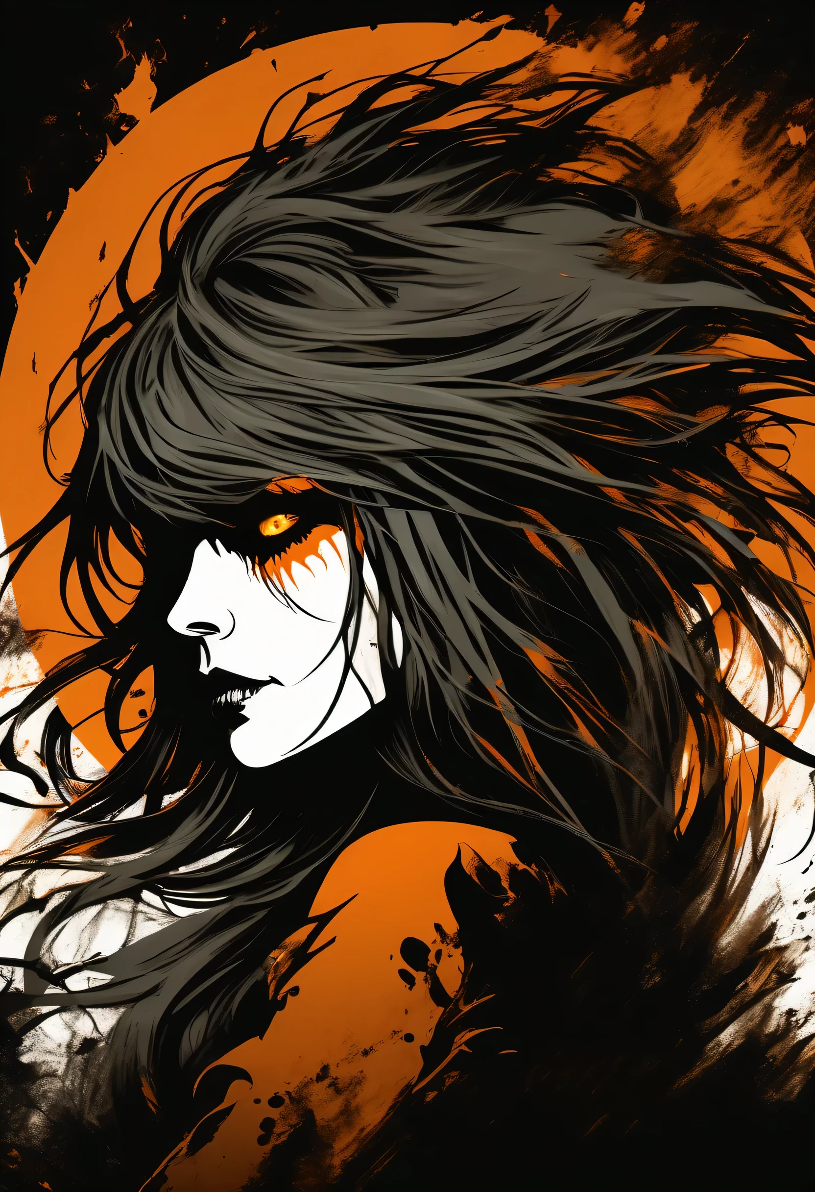 strong profile, nightmarish woman, beautiful evil red long shaggy hair, white hairy bangs, Black smoke swirls in the dark gray, Perfect golden ratio, Fearless and dignified々nice atmosphere, Expressing the ferocity and brutality of an evil atmosphere, stylish and cool pose, sharp orange dull glow eyes, Nihilistic and cool smile, intricate details, movie production environment lighting, Unorganized resolution, Stunning background illustration of a dark fantasy world, Official Game Art, In the background is a curtain with the image of a nightmarish rose., (grunge illustration:1.2),