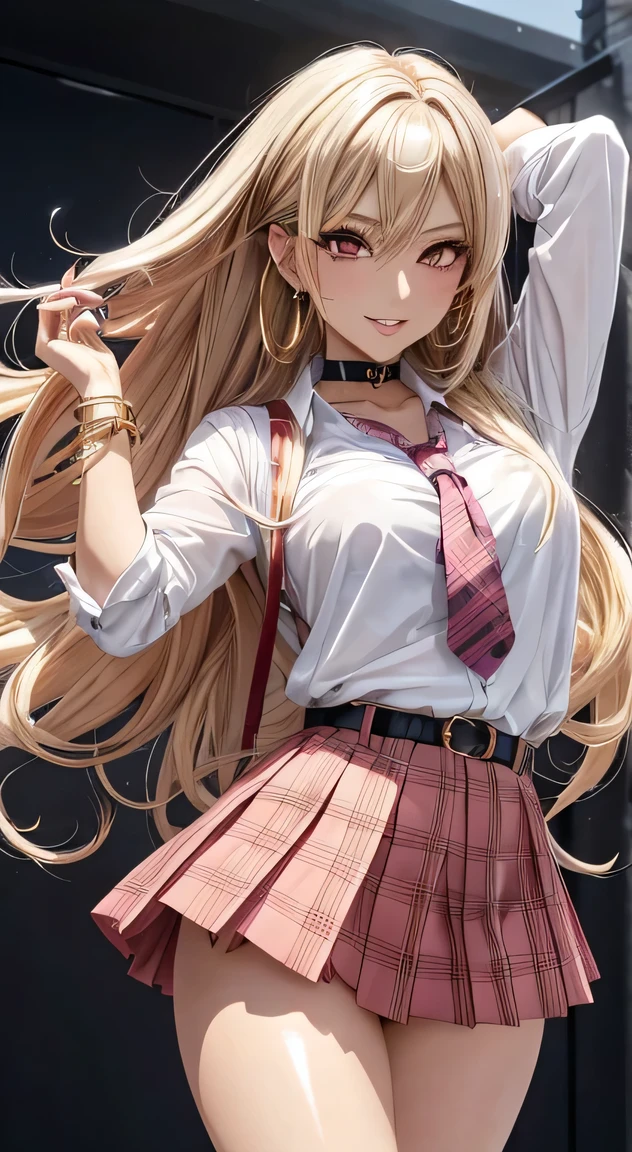 (anime style),masterpiece, best quality, ultra-detailed, glistening shiny, glowing light, ray tracing, HDR, deph of field, (perfect face, detailed face, detailed eyes),(big :1.2),8k,HD,ultra realistic face,ray tracing,perfect lighting,best quality, ultra-detailed, shiny eyes, (looking at viewer,sensual smile kiss:1.1), ((1girl)), (gyaru, mature female:1.4),hourglass_body shape, marin,long hair,((gold gradient hair)),pink eyes, gradient eyes, (glowing eyes:1.1), mascara, (fashion make up), parted lips, small pink skirt, short pink and white shirt, jewelry, school uniform, pleated skirt, earrings, necktie, choker, grin, bracelet, plaid,black choker, plaid skirt, piercing, ear piercing, bright pupils,tied shirt, bead bracelet,(white background), sensual poses,