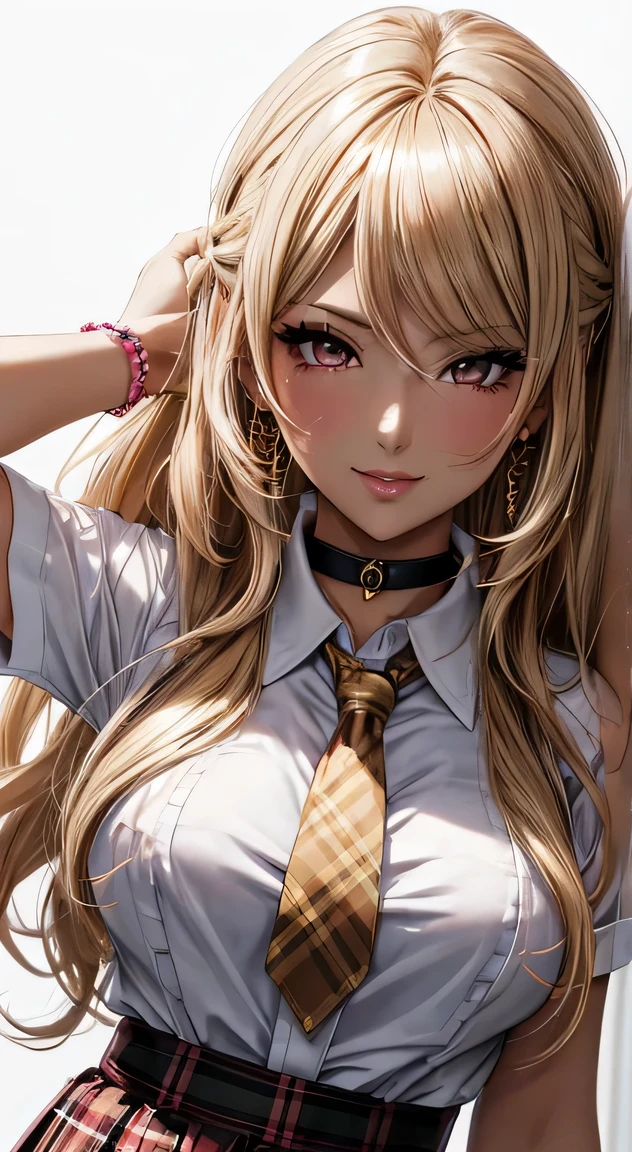(anime style),masterpiece, best quality, ultra-detailed, glistening shiny, glowing light, ray tracing, HDR, deph of field, (perfect face, detailed face, detailed eyes),(big :1.2),8k,HD,ultra realistic face,ray tracing,perfect lighting,best quality, ultra-detailed, shiny eyes, (looking at viewer,sensual smile kiss:1.1), ((1girl)), (gyaru, mature female:1.4),hourglass_body shape, marin,long hair,((gold gradient hair)),pink eyes, gradient eyes, (glowing eyes:1.1), mascara, (fashion make up), parted lips, small pink skirt, short pink and white shirt, jewelry, school uniform, pleated skirt, earrings, necktie, choker, grin, bracelet, plaid,black choker, plaid skirt, piercing, ear piercing, bright pupils,tied shirt, bead bracelet,(white background), sensual poses,
