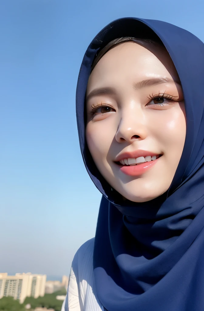 Wear hijab blue collor, ((Best quality, 8k, Masterpiece :1.37)), position:bodage, open legs, face looking at the camera, ( women in hijab), women in hijab blue, style model, ( women in hijab), beautiful face, Beautiful detailed eyes, Korean eyes, nose detail, Natural Lips, 18 year old girl, black hair, very detailed face, ultra detailed body, slim body, detailed big breasts, detailed hairy vagina, Wearing Muslim hijab , luxurious jubba thobbe, blue sky view, slim body, realistic face, women wearing hijabs, smiling face