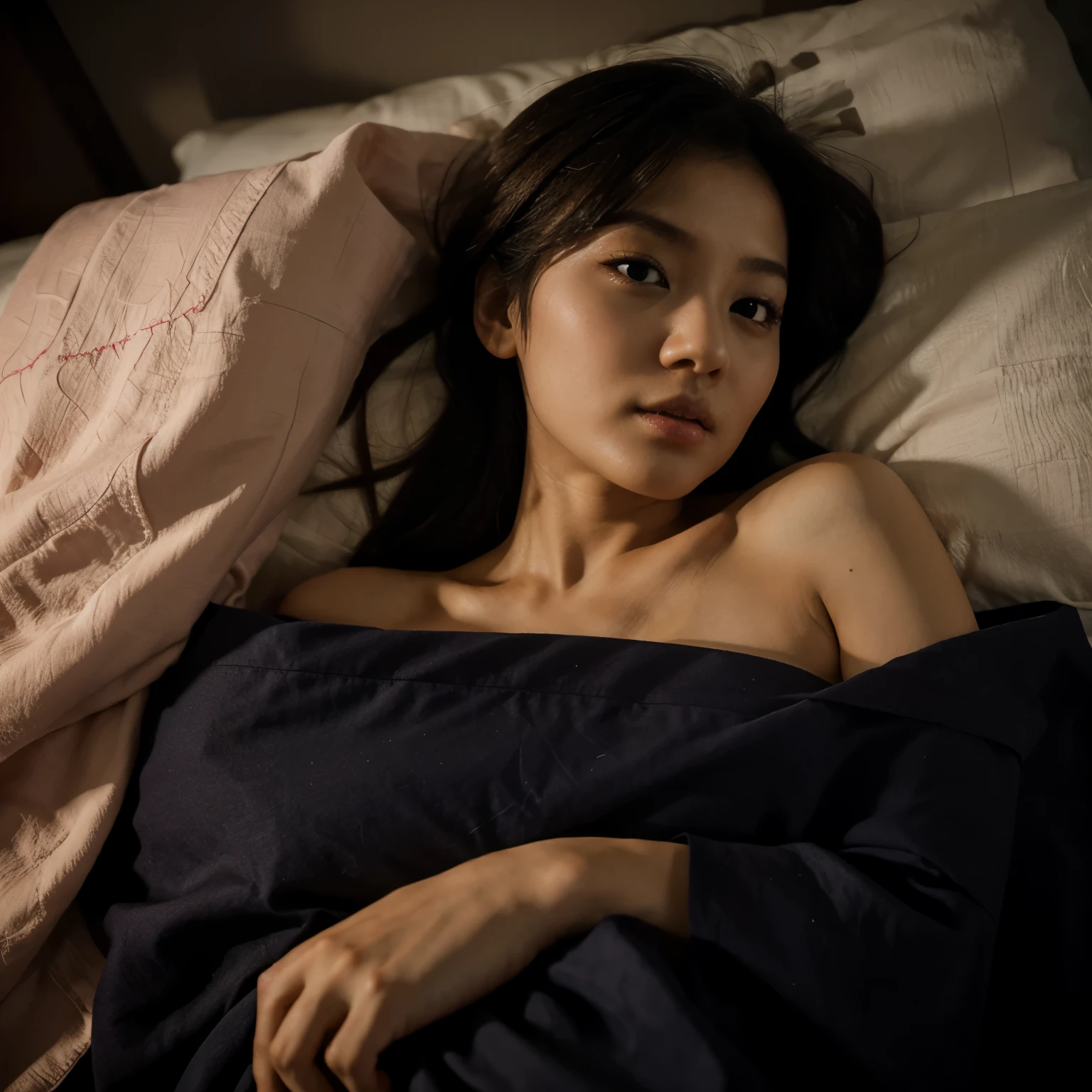 30 years old Hong Kong woman, wrapped blanket in bed, hiding, dark, night, lay down from side, closeup, sexy
