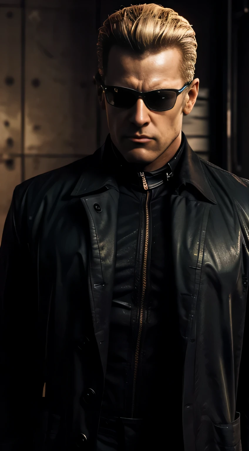 1 man, solo, Albert Wesker, lean muscle male, wearing a black linen long sleeve shirt, black linen trench coat, suspenders, looking casual, wearing elegant sunglasses, glowing red eyes, black trousers, cold face, middle aged, in a labratory, night time, high quality, solo, single male, male focus, upper body shot, cinematic lighting, best quality, depth of field