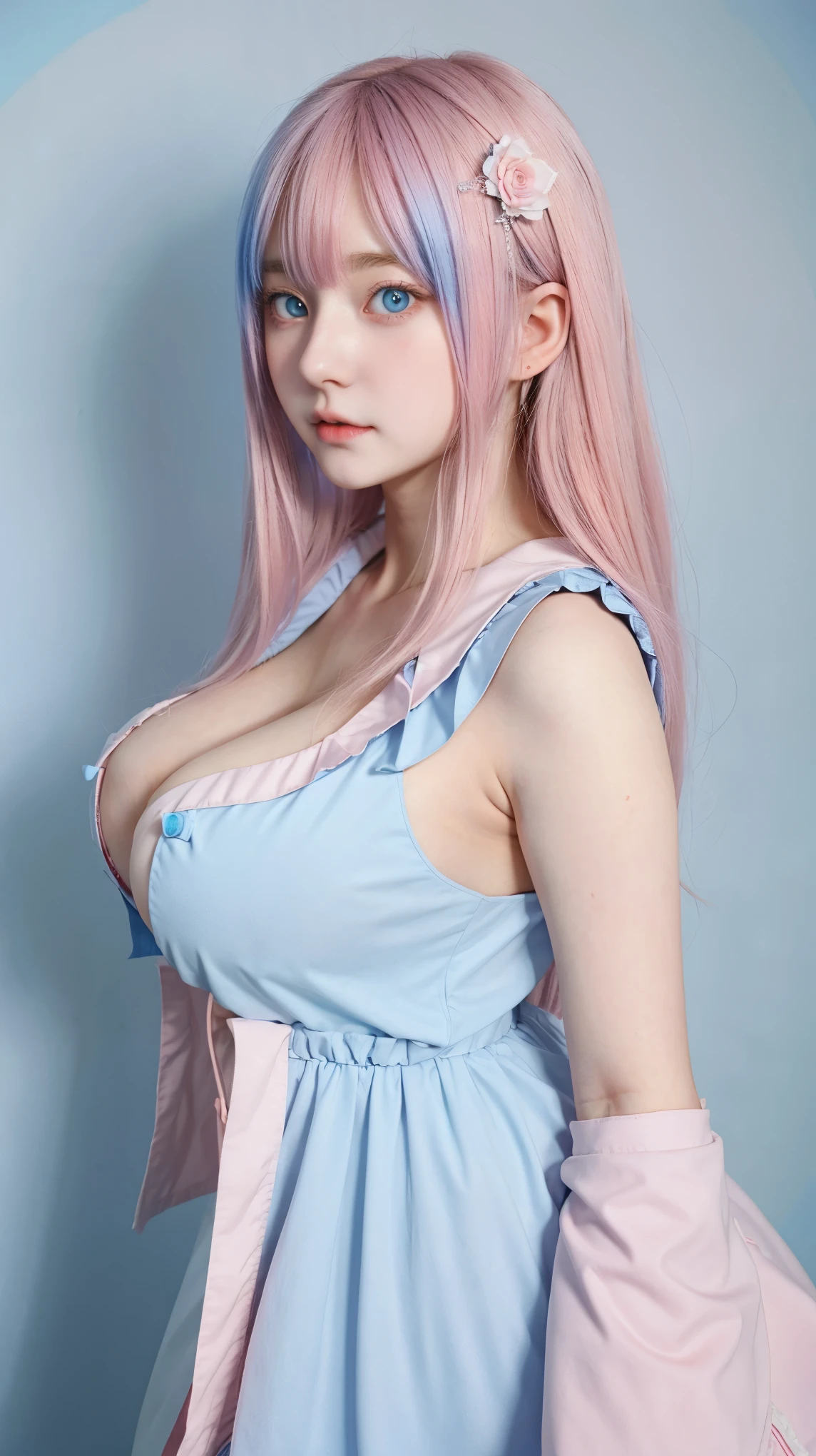 Gorgeus Girl, Beautiful, , 20 Years Old, White Skin, Colossal Breasts, Side Pose, ((Anime Cosplay Coatumes)), Pastel Colour, Blue Eye, Halloween Background, Masterpiece, Pink Hair, Sleeveless