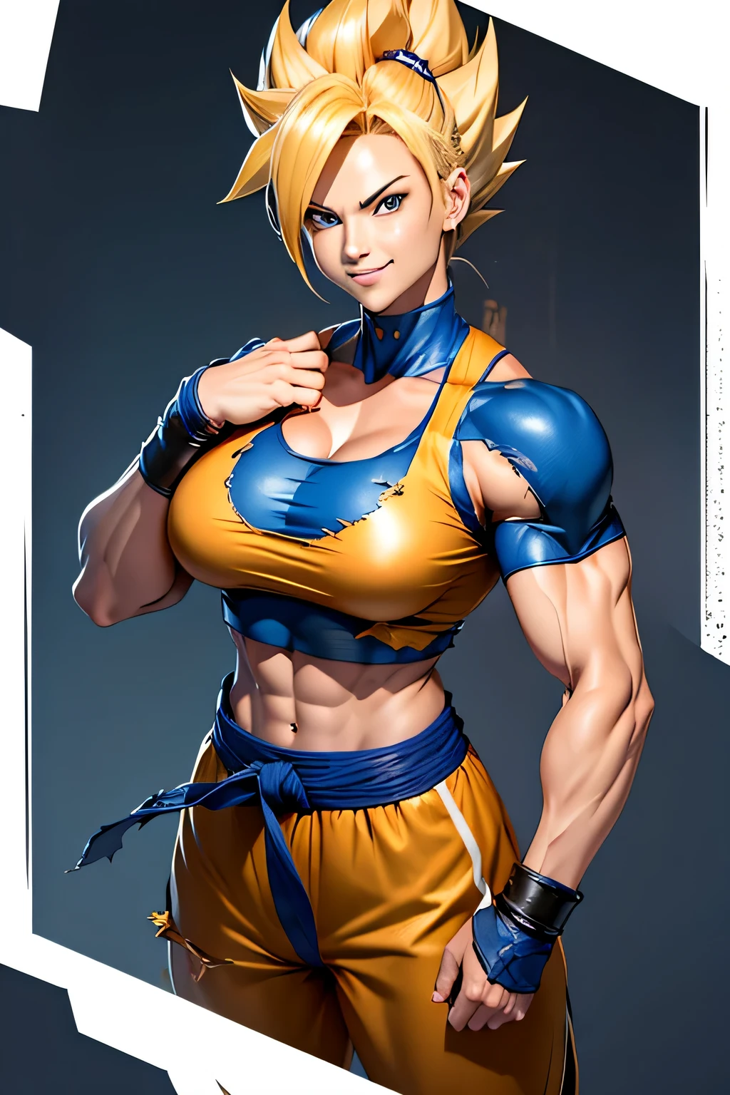 super saiyan female solo、battle damage、blonde、blue belt、field&#39;eyes、muscle tissue、muscular woman、spike hair、Super Saiyan、Super Saiyan 1、relaxed smile、torn clothes、Wristband、big and full breasts:1.5